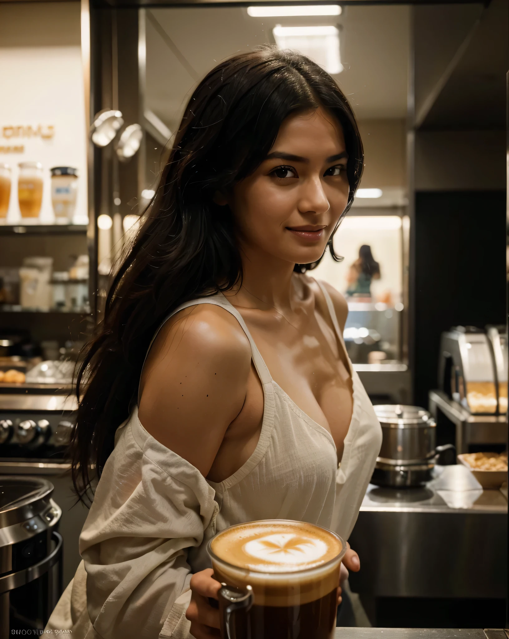 In an urban setting, a female model in her mid-twenties with fair skin, oval face, and black hair is captured across different scenarios. From bustling city streets to the tranquility of a coffee shop, she dons various western fashion pieces, reflecting her adaptable style. Her expressions shift seamlessly from the intensity of a focused gaze amidst the chaos of the urban jungle to a serene smile surrounded by the calm of a morning brew. The contrast of environments highlights her versatility and the spectrum of human emotion. Photographed by Lucas Richardson, using a Nikon D850 with an 85mm f/1.4 lens, the images are lit with a combination of natural light filtering through architectural lines and studio flashes that sculpt her features, Photo taken by Lucas Richardson with Nikon D850 and 85mm f/1.4 lens, Award Winning Photography style, High Contrast & Volumetric Lighting, 8K, Ultra-HD, Super-Resolution.