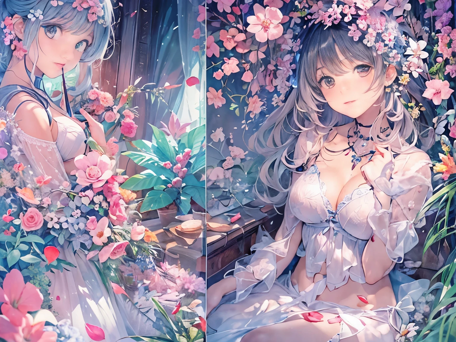 (secret:1.4), glass Room window at sunrise，stare into the distance，shining sapphire ring，(plump dark-skinned Caribbean Mother 33 years old), (messy Dark blue hair)，small breasts，Chubby，big ass，light blue lace lingerie，Fantastic scenery with lots of cosmic petals dancing， ((Highest quality detailed perfect work Concept art.))、beautiful illustrations, pastel colour, illustration style，Realistic skin feel，realistic material，watercolor painting，