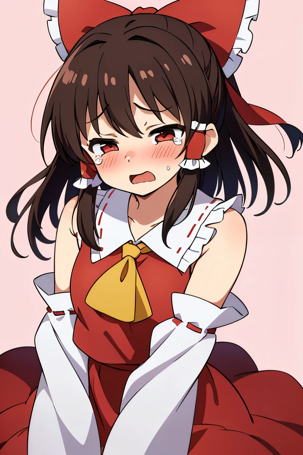 anime style、(masterpiece)、((highest quality))、one girl、solo、Reimu Hakurei、blush、consternation、embarrassed expression、open your mouth、shed tears、simple background、arm down,