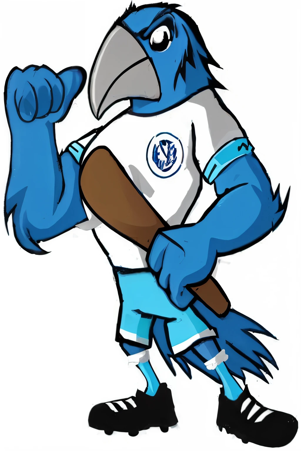 a cartoon image of a blue bird with a baseball bat, mascote do time esportivoe, mascote esportivoe, high school mascot, mascote de corpo inteiroe, mascote do futebole, mascote illustration, mascote, blue bird, logotipo esportivo, personalizado, brasileiro, blue arara, eagle logo, @ Cronobreak no Twitter. com, cena completa filmada, swf version, Rapazes, blue sky