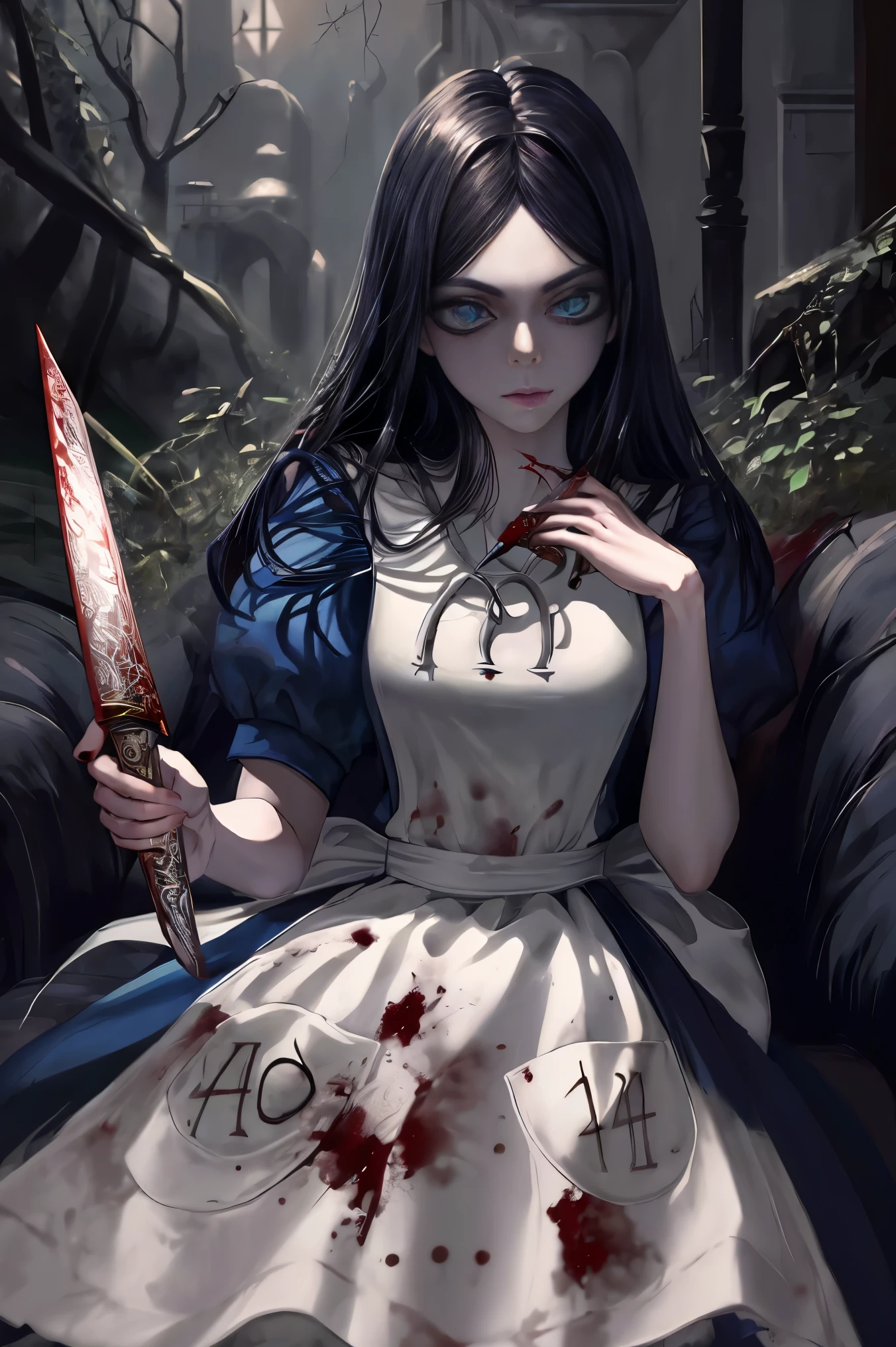 (master part, better quality, highest quality, official art, beautiful and aesthetic:1.2), Dark illumination, (1 girl), very detailed,darkness, Not clear, most detailed, McGee Alice, Alice Liddell with no expression, view viewer, dress, Bloody apron, Covered in blood,striped pantyhose, jewelry, paste, ( with a bloody knife in his hand)(big breasts 180)