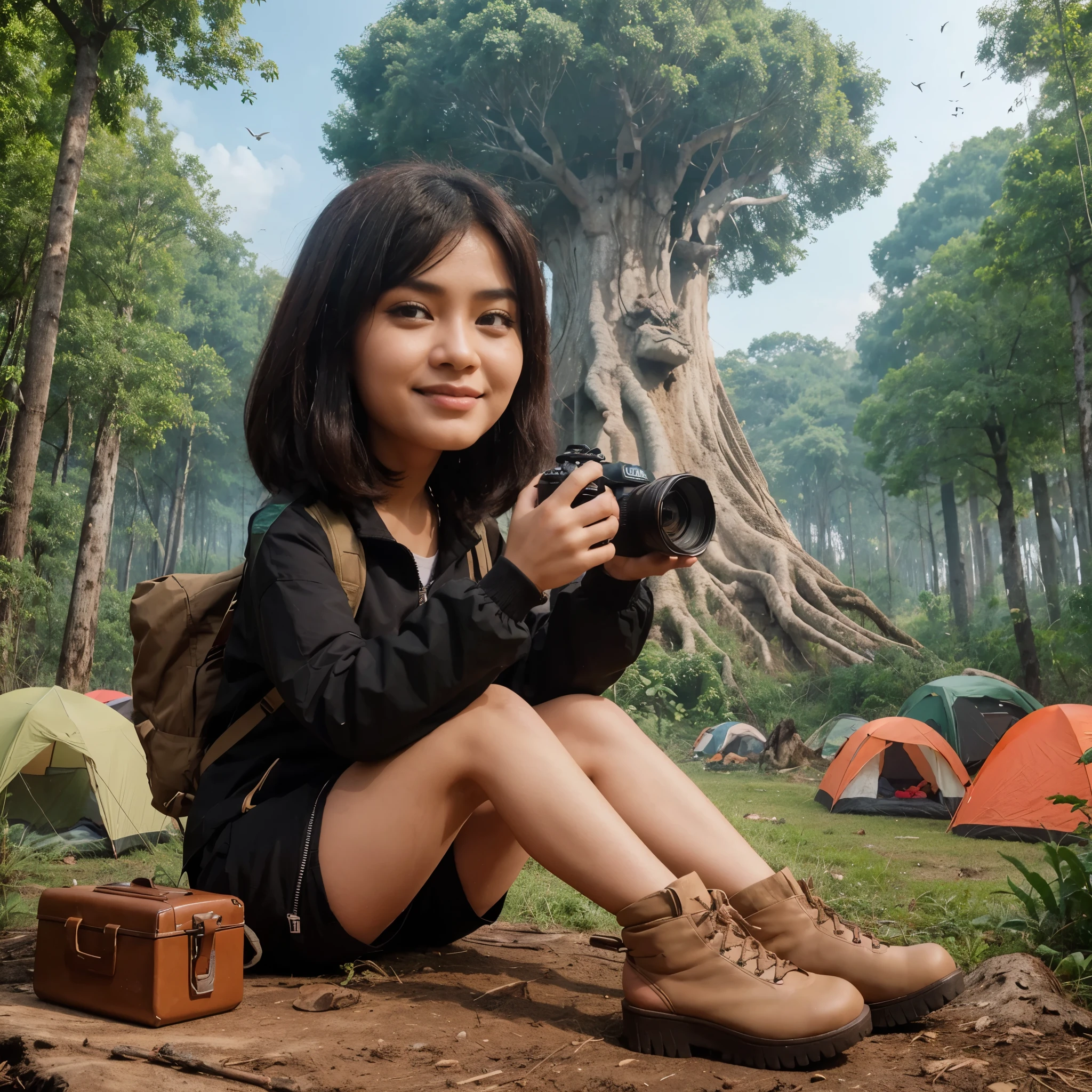 karikatur 3d, poto seorang wanita indonesia, rambut sebahu rapi, agak gemuk, berjaket hitam celana pendek, duduk sambil memegang kamera, camping ditengah hutan hujan dan ada pohon besar, dikelilingi banyak pohon dan burung, ultra hd, poto jelas