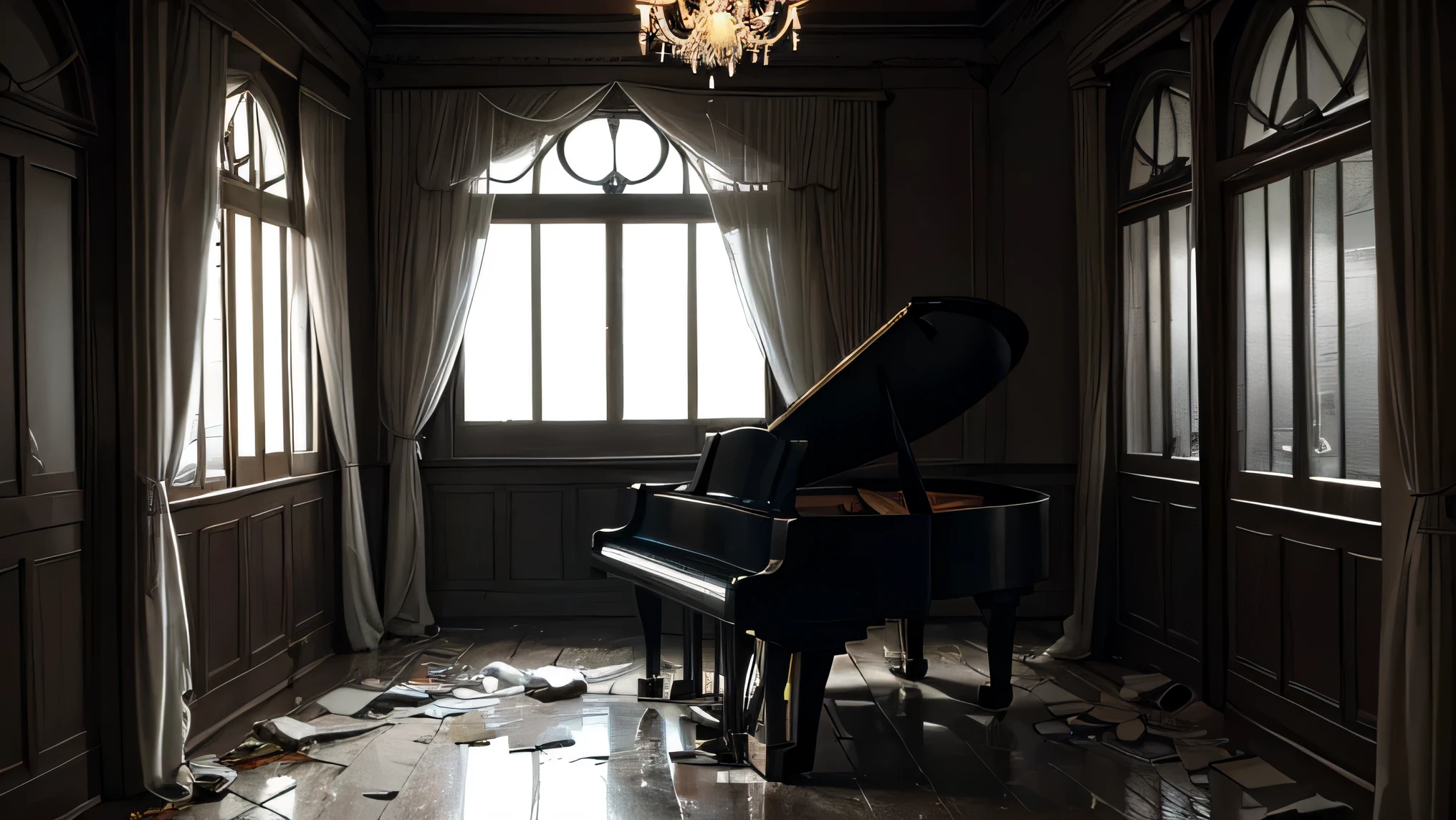 Daniel chegou a um grande, decadent hall,piano covered with a dusty sheet,atmosfera sombria,mal iluminado,sombras misteriosas,paredes rachadas,Tinta descascadora,abandoned furniture,cheiro de mofo,echoing the silence,Cadeiras vazias,dust particles floating in the air,teias de aranha nos cantos,sizzling floorboards,lustres antigos pendurados no teto,cortinas esfarrapadas,uma janela aberta deixando entrar um suave luar,uma aura sinistra,quietude profunda,Broken glass on the floor,um bando de pombos voando pelas janelas quebradas,um toque de nostalgia e melancolia,barely audible whispers,teclas de piano cobertas de poeira,sussurros do passado,spark of curiosity shining in Daniel's eyes,(melhor qualidade,4k,8k,high resolution,obra de arte:1.2),ultra-detalhado,realista,photorealista:1.37,assustadoramente lindo,emocional,Preto e branco,contraste sutil de cores,dramatic lighting.