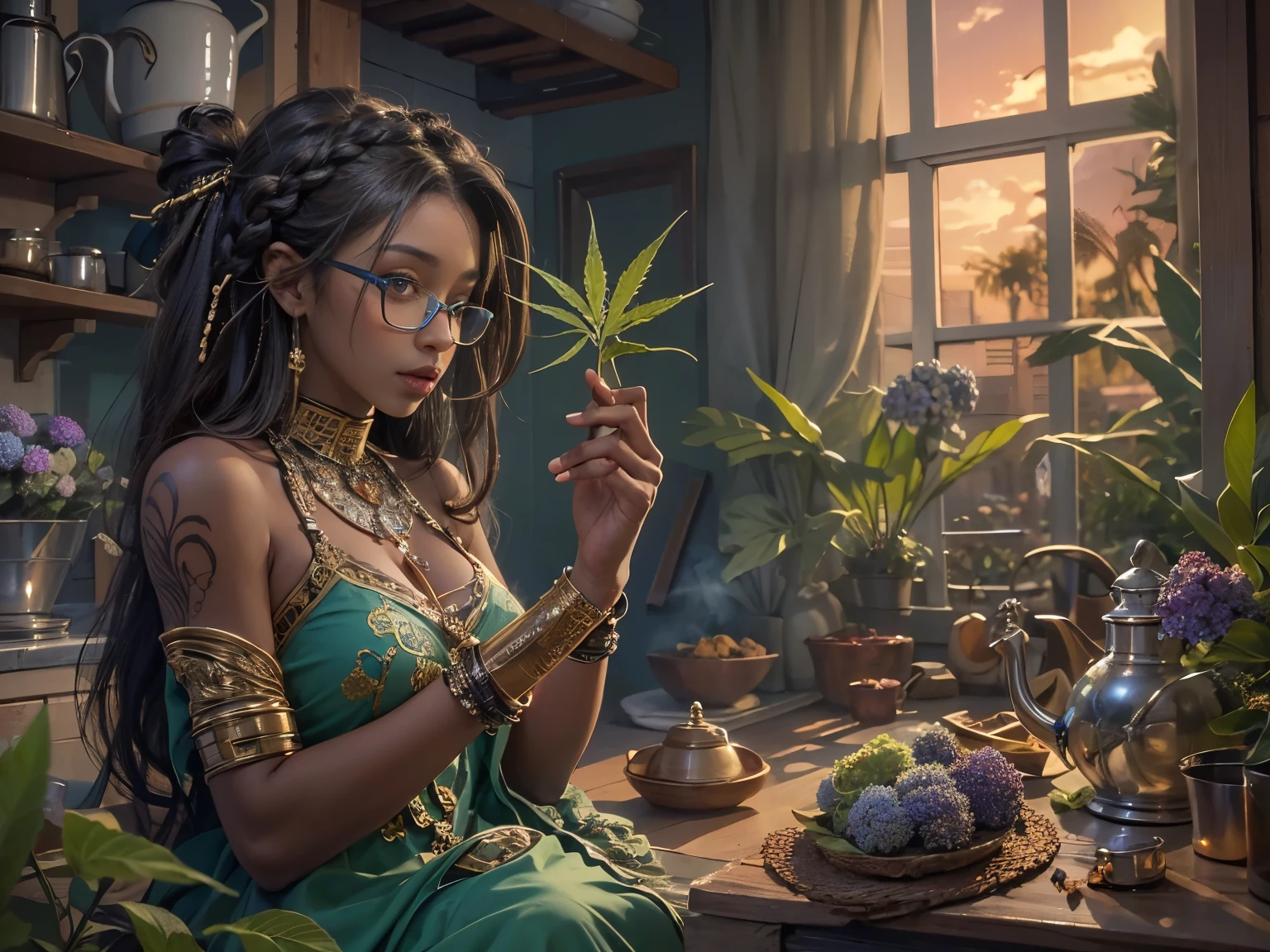 ((determined ((dark-skinned ((Haitian)) female sorceress with freeform braided hairstyle wearing glasses)) rolling up herbal joint while waiting for tea to boil, (wearing detailed flowing sorcerer outfit), (cannabis flower tattoos on arms and legs), high quality photo, relaxing and smoking in the kitchen (with copious tall cannabis sativa plants and hydrangeas surrounding scene with foggy sunrise visible through large glass window), masterpiece, highly detailed, perfect face
