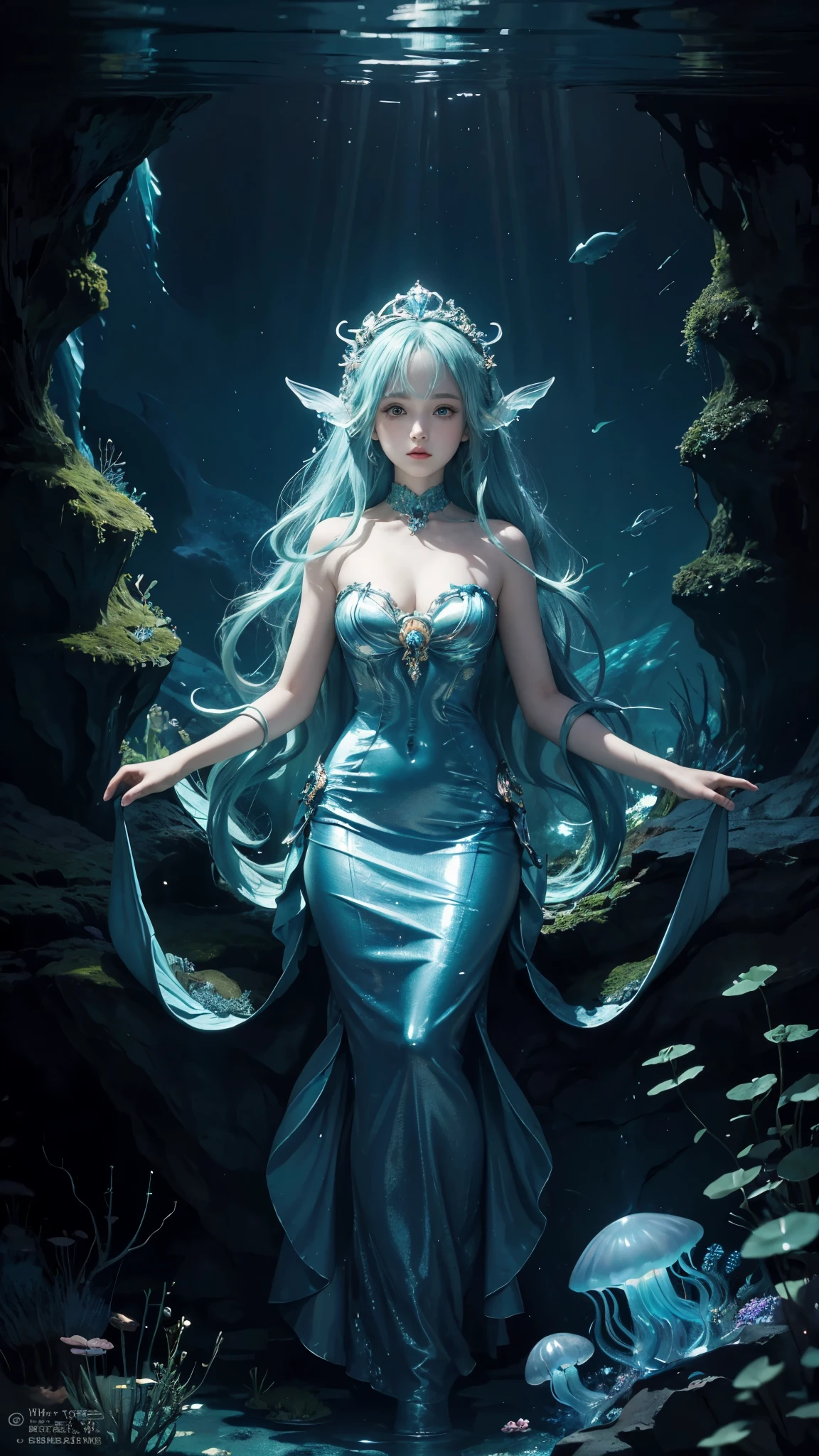 masterpiece,best quality,ultra detailed,anime style,Within the depths of an enchanted cavern,a mermaid girl with bioluminescent scales forms an unlikely alliance with a curious jellyfish companion. Together,they explore the mysterious underwater world,revealing hidden treasures,