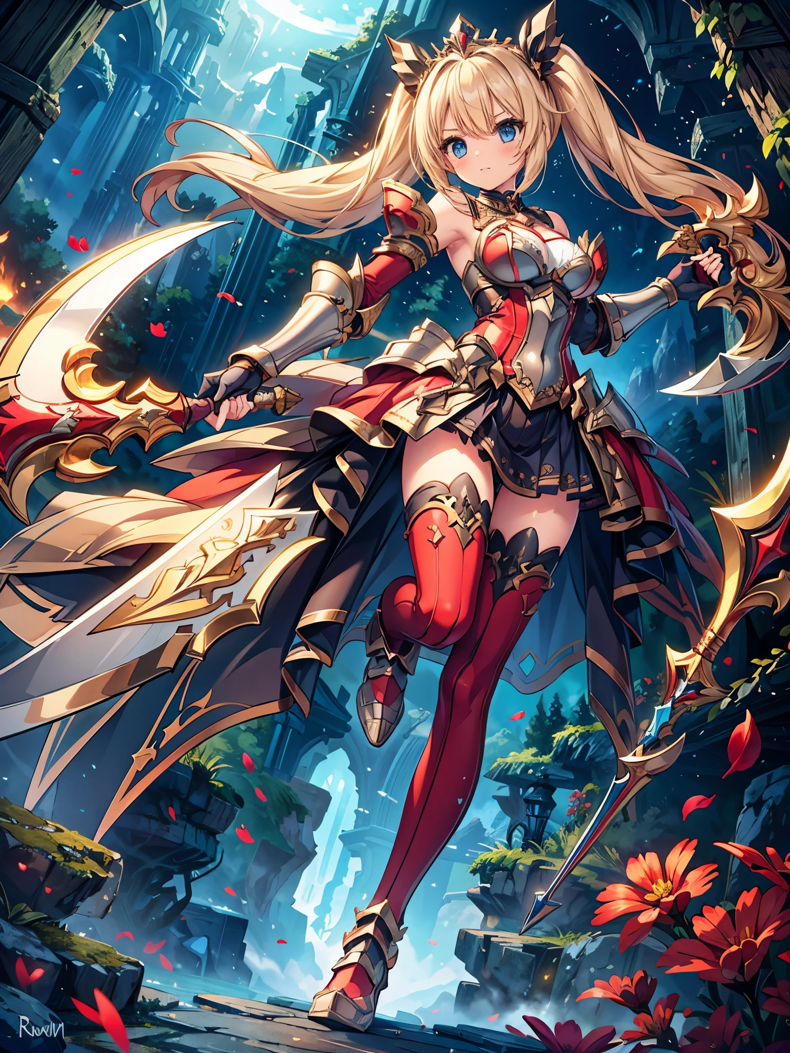 (masterpiece), best quality, fantasy art, 1girl, a female knight in metal armor holding Axe, red_outfit, white_armor,cropped shoulders armor, plate armor, armor dress,gauntlets, Blonde hair,twintails, long hair, blue_eyes, ruby tiara,cleavage, thighs, thighhighs, weapeon, Axe, full body, holding weapon