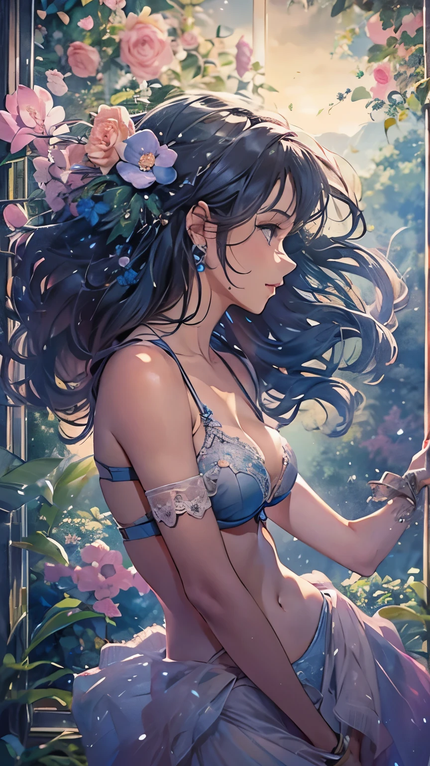 (secret:1.4), glass Room window at sunrise,stare into the distance,shining sapphire ring and sapphire encrusted necklace,((plump dark-skinned Caribbean Mother 33 years old)), (messy Dark blue hair),small breasts,Chubby,big ass,light blue lace lingerie,Fantastic scenery with lots of cosmic petals dancing, ((Highest quality detailed perfect work Concept art.))、beautiful illustrations, pastel colour, illustration style,Realistic skin feel,realistic material,watercolor painting,