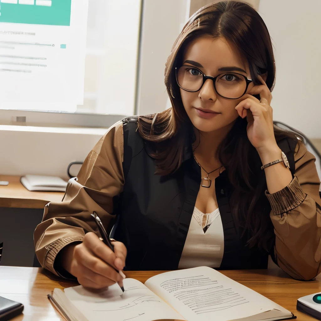 Persona con gafas sentada en escritorio de oficina pensando que mejor estaria haciendo marketing