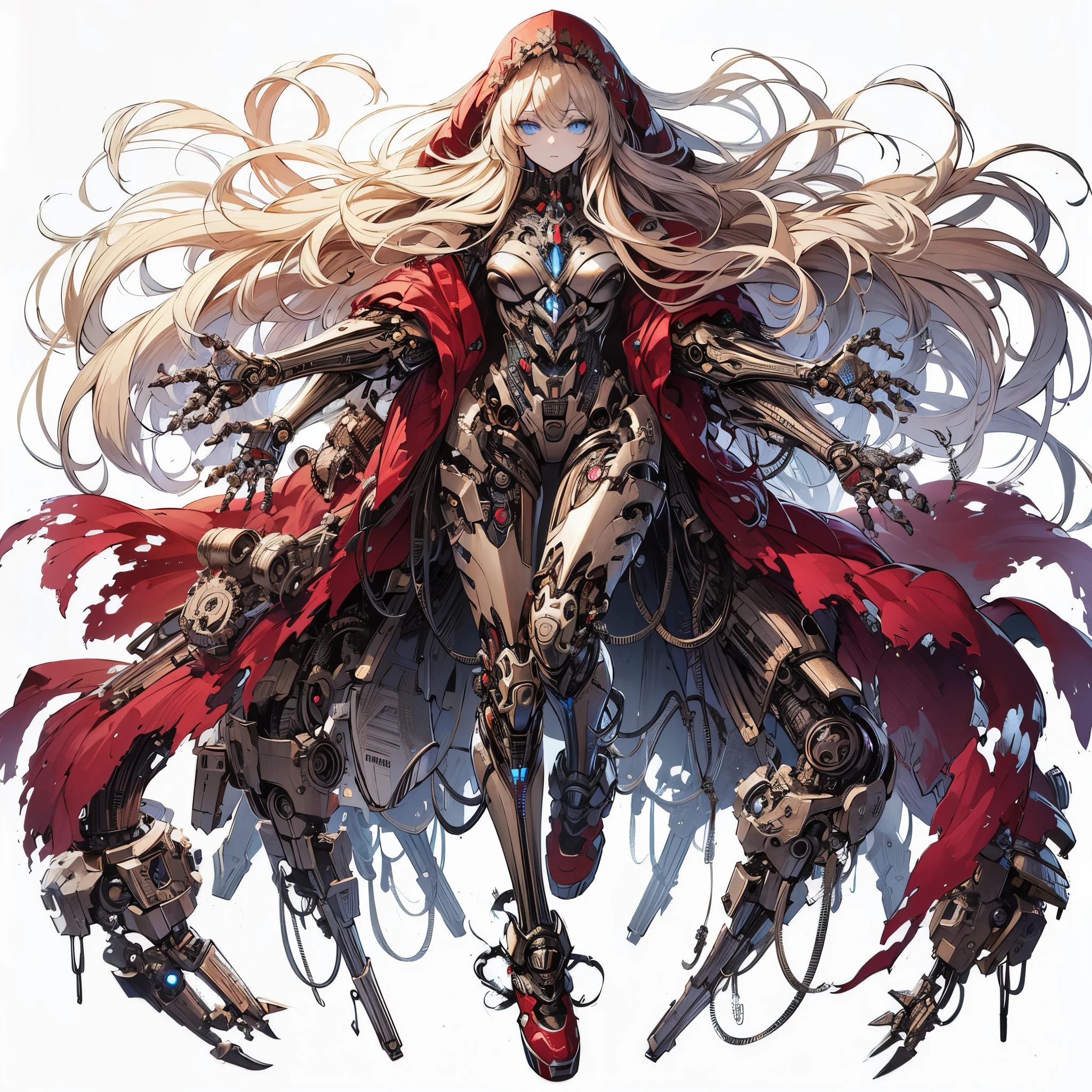 (Masterpiece, best quality), (detailed hair), ultra-detailed, anime style, full body of mechanical undead girl, pale gold hair and glowing ultra-blue eyes, pale steel skin, ragged red robe and fooded, high-heeled boots, digital painting, 8k high resolution, trending art station, white background, whole body, bodybuilder,