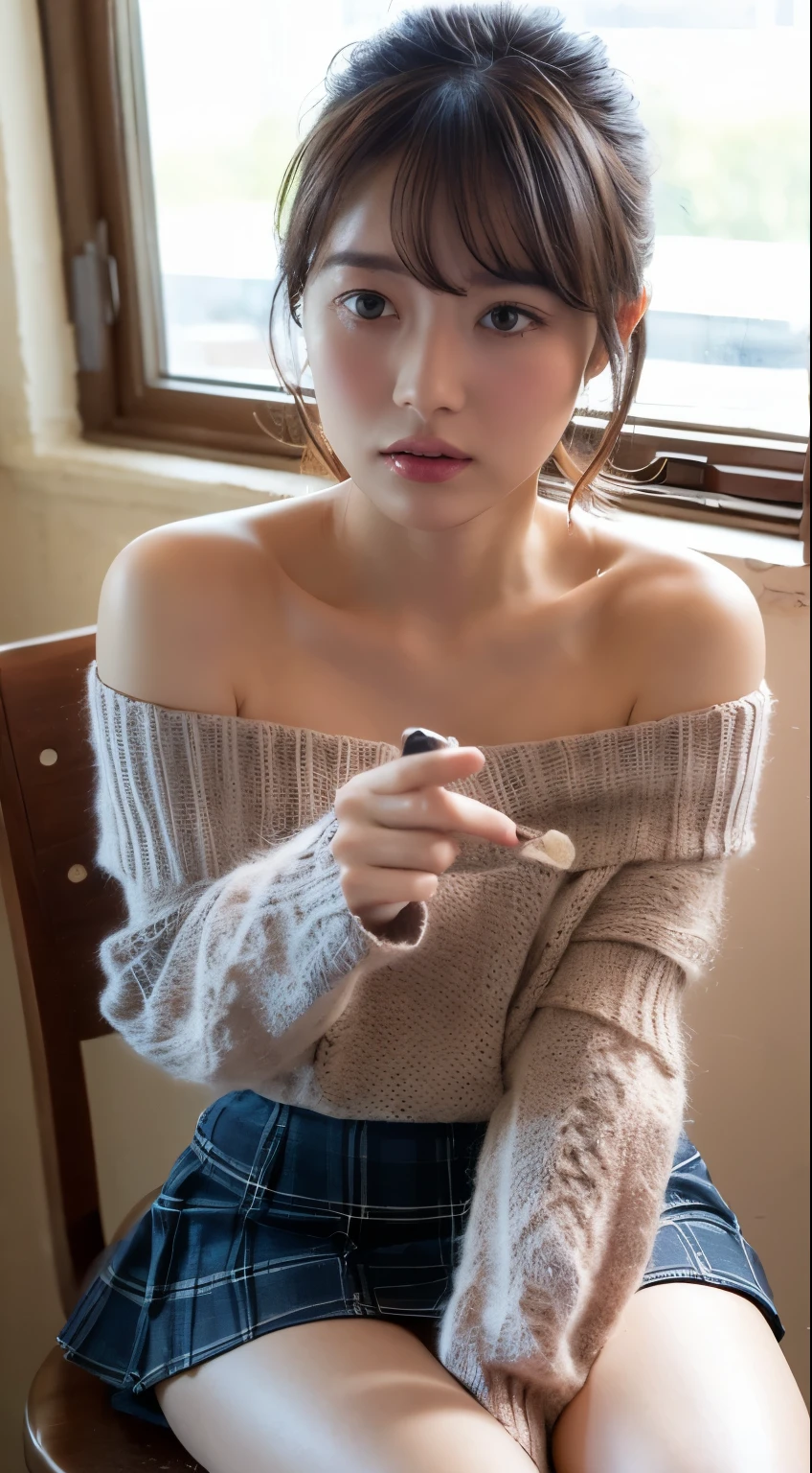 ((realistic lighting, highest quality, 8K, masterpiece, medium shot: 1.3)), clear focus: 1.2, 1 girl, perfect figure: 1.4, ((dark brown hair)),((With bangs)),(Off-shoulder knit in light pastel colors: 1.4), (outdoor, in the blue sky), In a university classroom, sitting on a chair,black knee high socks,super fine face, fine eyes, double eyelid,(tartan check miniskirt), legs slightly open,some panties are showing,Taking a selfie with your phone,