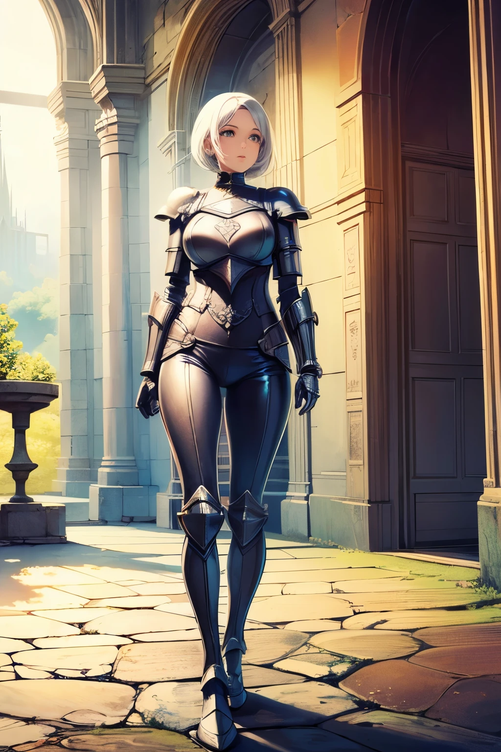 (((masterpiece))), (((best quality))), ((ultra-detailed)), (cinematic lighting), (illustration), (beautiful detailed eyes), (1girl), full body, space, knight, armour, light hair, walking, castle in distance, best quality, expressive eyes, perfect face, Girl: (20s, white hair, short hair, black jumpsuit, grey and blue armour),