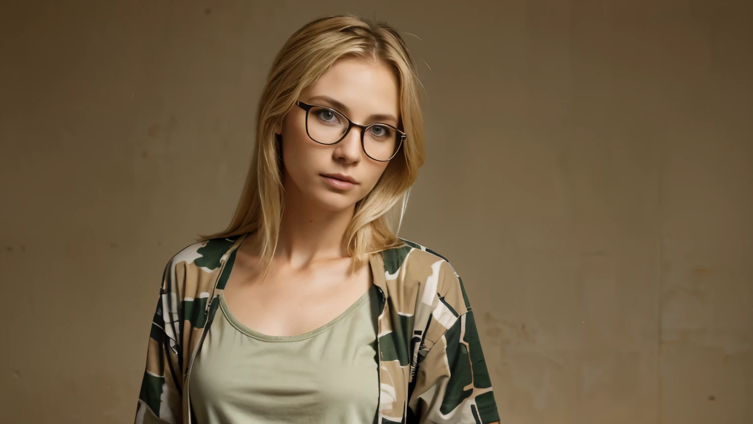 Blonde woman, shoulder length hair, wearing glasses, dressed in safari clothes African safari, no background