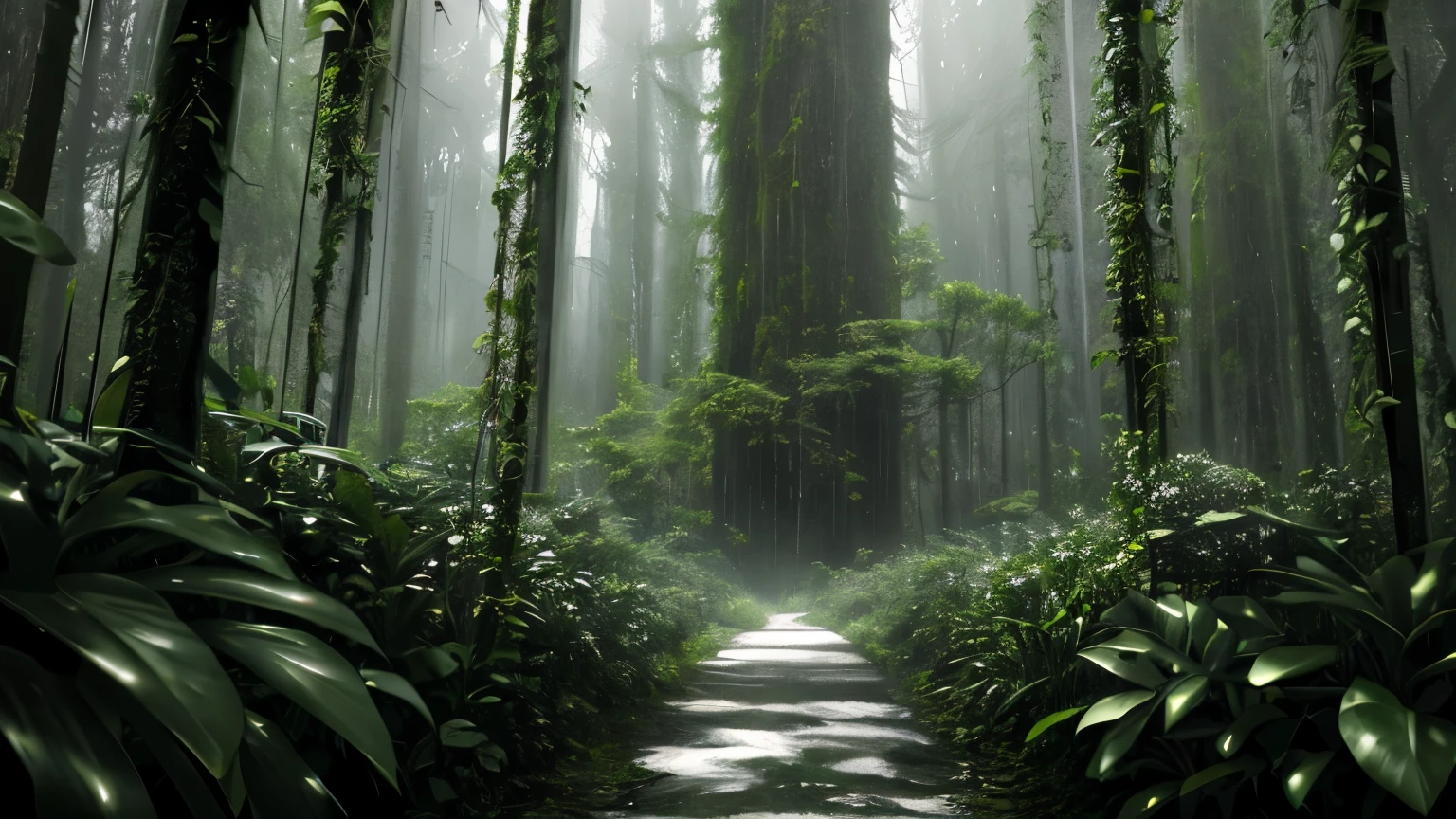 A jungle, with intense rainfall, monochromatic, vines all around, giant and wet trees, masterpiece, best quality, high quality, extremely detailed CG unity 8k wallpaper, oil paiting, award winning photography, Bokeh, Depth of Field, HDR, bloom, Chromatic Aberration ,Photorealistic,extremely detailed, trending on artstation, trending on CGsociety, Intricate, High Detail, dramatic, art by midjourney, volumetric lighting