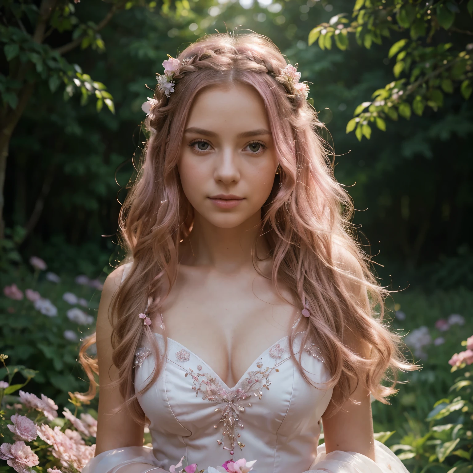 (highres,realistic),(portrait),pink-haired princess,flowing gown,sparkling tiara,sparkling pink eyes,soft pink lips,rosy cheeks,graceful,standing in a flower-filled garden,enchanted atmosphere,fairy lights,ethereal scenery,dream-like background,long wavy hair,braided with delicate flowers,elegant posture,natural sunlight illuminating her,soft pastel colors,faint glow surrounding her,subtle shadows adding depth and dimension,magical touch,masterpiece quality,ultra-detailed