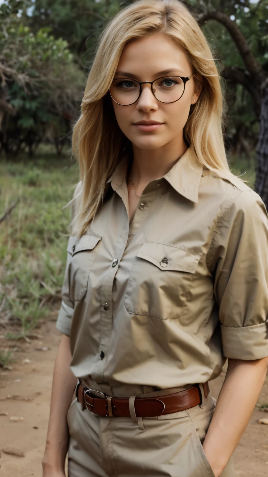 Blonde woman, shoulder length hair, wearing glasses, dressed in safari clothes African safari, no background