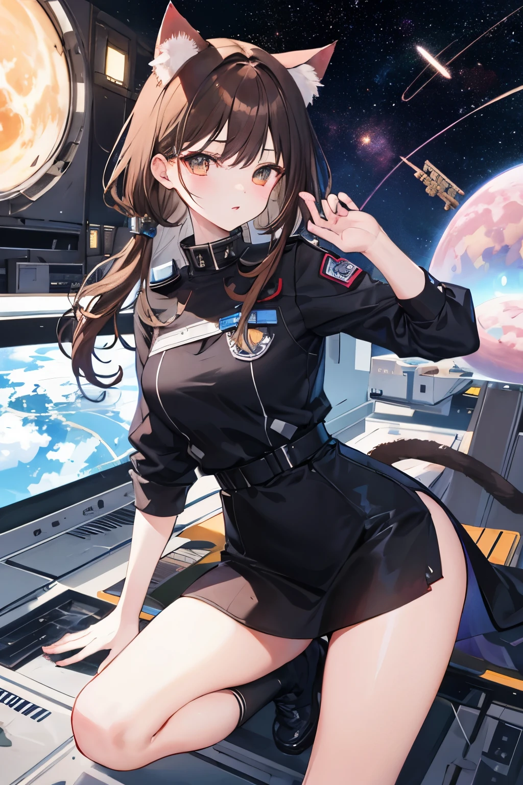 neko, cat ears, cat tail, brown hair, 1girl, black dress, sakura view, colony view, city view, anatomically correct, masterpiece, space station 13, security lieutenante, catgirl,