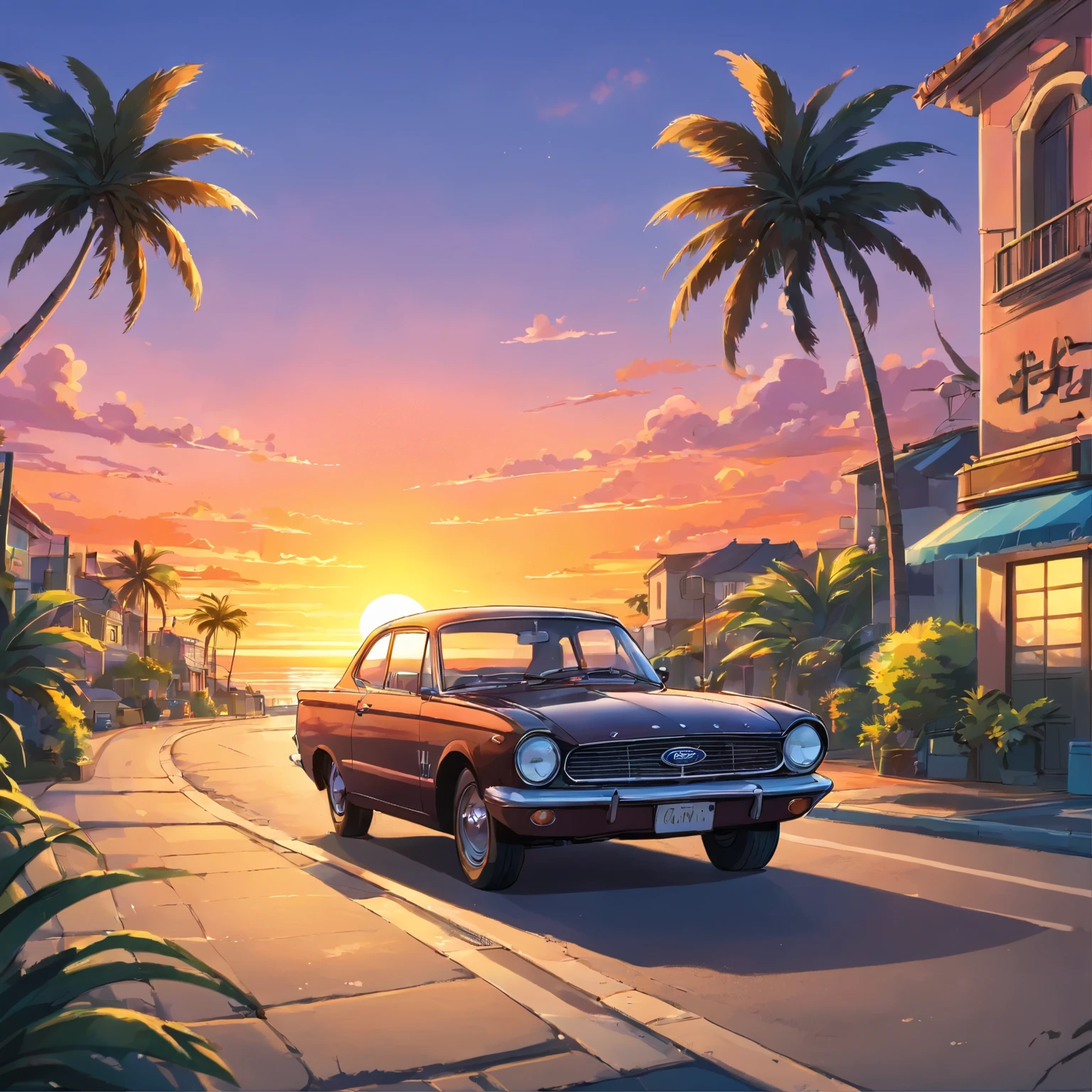 ((Sticker design)), Classic ford car, Sunset background, Palm trees, 5 colors of layers, Corner Street, Beleq drum, Presean, car in black color