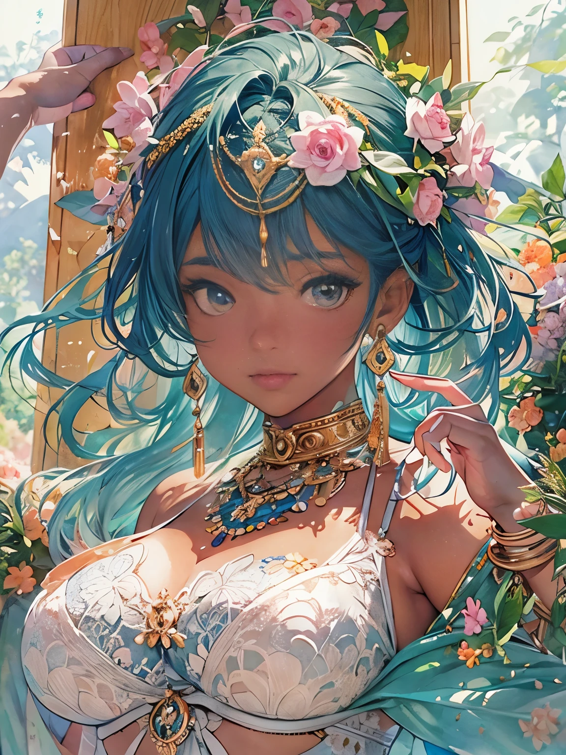 (secret:1.4), glass Room window at sunrise，stare into the distance，shining wedding ring，dark-skinned Mother 33 years old, messy Dark blue hair，small breasts，Chubby，big ass，light blue lace lingerie，Fantastic scenery with lots of cosmic petals dancing， ((Highest quality detailed perfect work Concept art.))、beautiful illustrations, pastel colour, illustration style，Realistic skin feel，realistic material，watercolor painting，