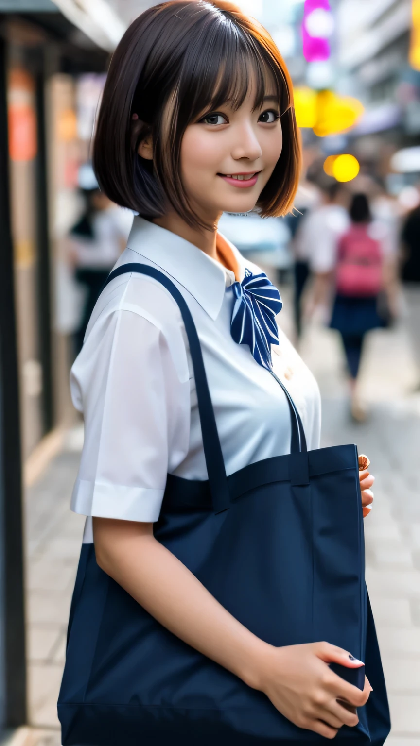 product quality, 1girl, upper body shot, front view, a Japanese young pretty woman, bob hair, walking with a big smile on a crowded street in the evening, glamorous figure, wearing a short sleeves white collared silky shirt with satin dark blue plain bow tie, wearing a dark blue pleated long skirt, carrying one tote bag over her shoulder, hyper cute face, glossy lips, double eyelids in both eyes, natural makeup, long eyelashes, shiny smooth light brown bob hair, asymmetrical bangs, a tanned skin, central image, high resolution, high detail, detailed hairstyle, detailed face, spectacular cinematic lighting, octane rendering, vibrant, hyper realistic, perfect limbs, perfect anatomy, シャツの胸元が開いている、
