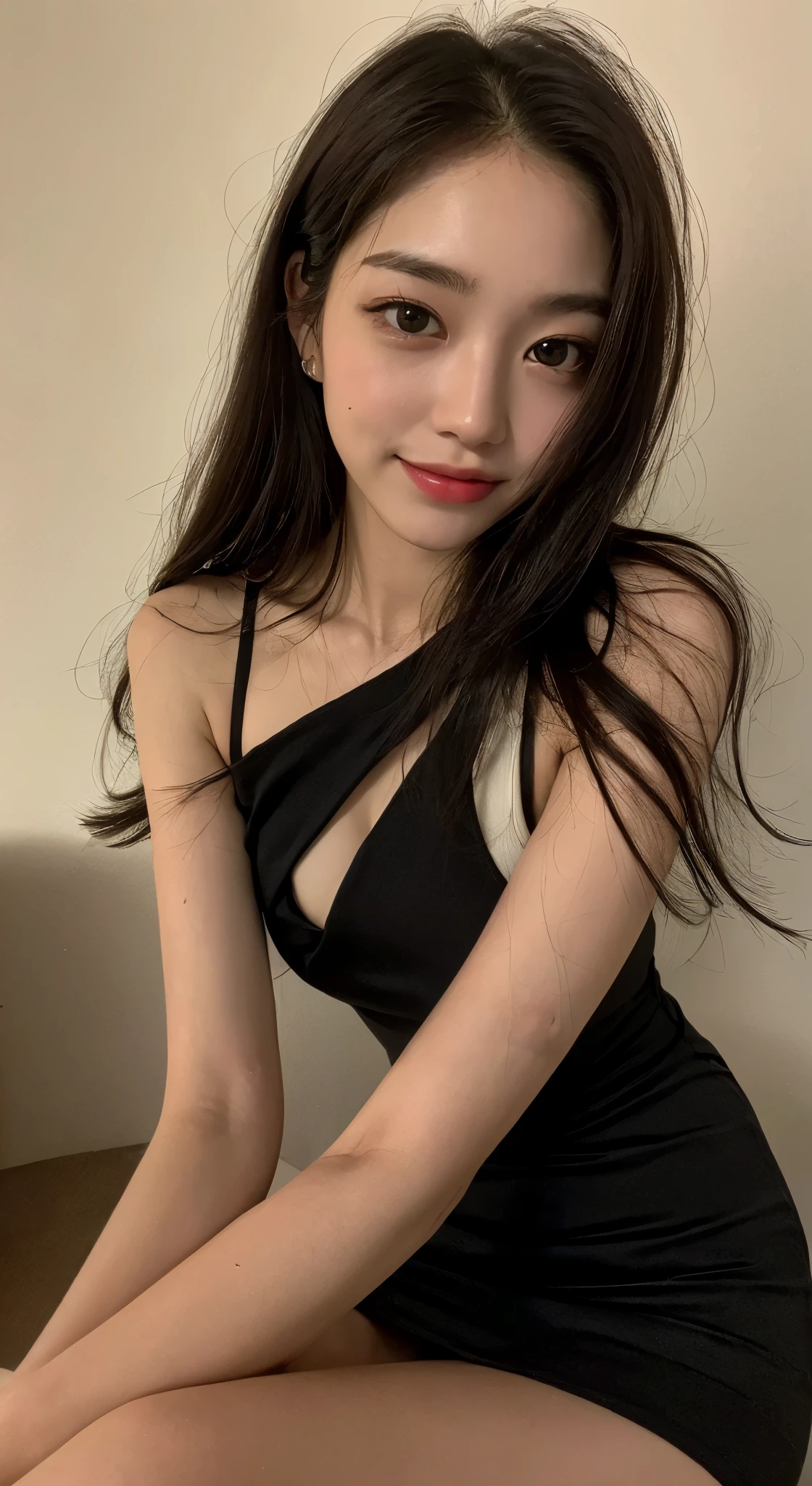 ((Best Quality, 8K, Masterpiece: 1.3)), 1 girl, slim, super slender face, delicate eyes, double eyelids, droopy eyes, smile, 17 years old, big breasts, ((neat hair)), (((full body))), (sitting with legs crossed), ((black deep cut short tight dress))