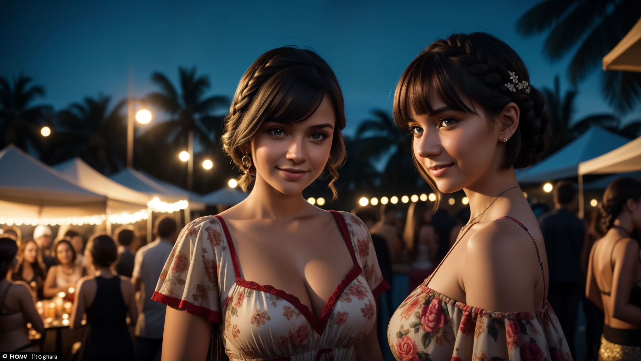 Capture a photorealistic, hyper-detailed image of 2 girls together in a single frame, smiling, Dark hair, bob_cut hair, big breasts:1.3, one is a curvy Russian woman in a mini floral dress at a rave party in the Caribbean. Another is a Russian girl who is of average build, with small . realistic skin texture. party in the background. Use film grain and ambient street lighting to create vintage shadows. evening. Export in RAW with a 'vintage elegance' Instagram LUT