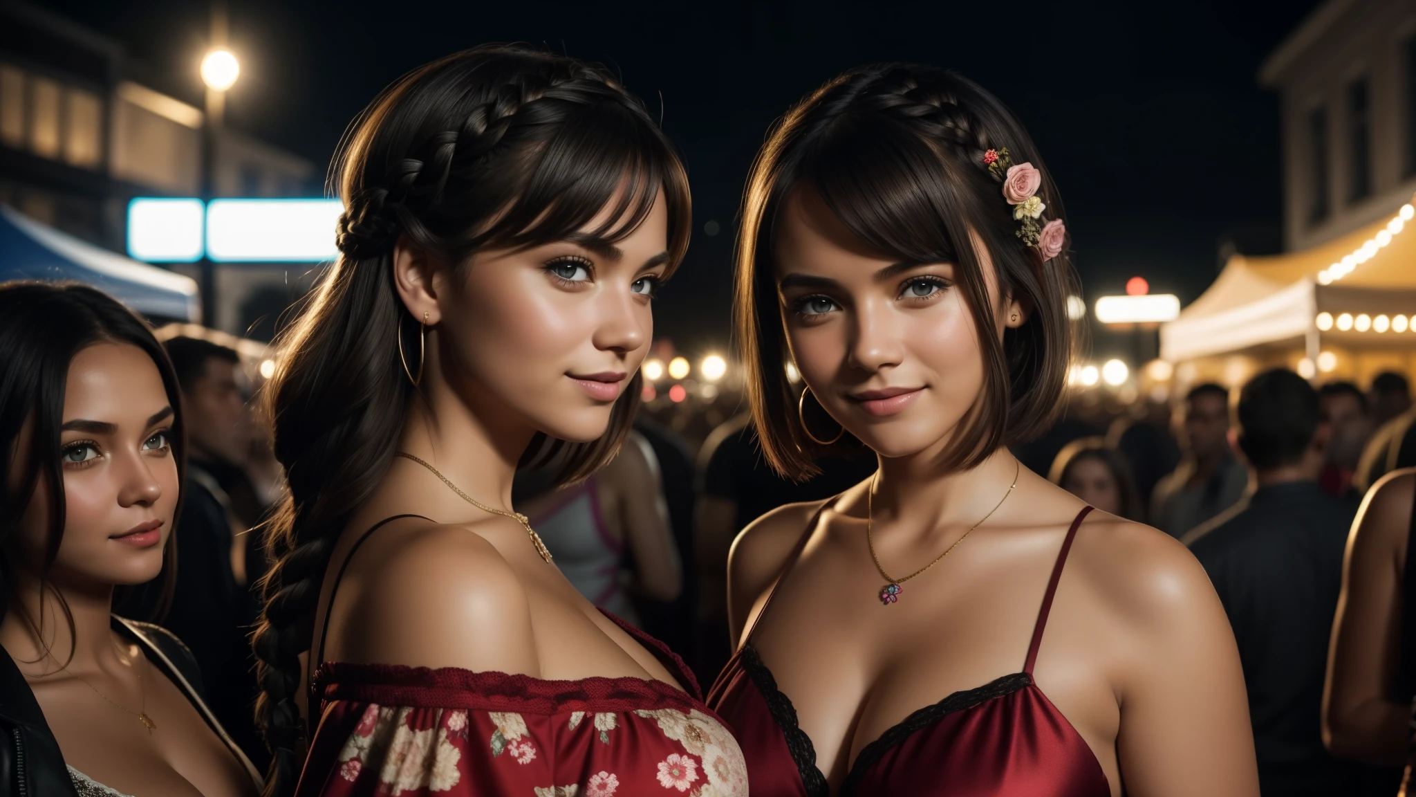 Capture a photorealistic, hyper-detailed image of 2 girls together in a single frame, smiling, Dark hair, bob_cut hair, big breasts:1.3, one is a curvy Russian woman in a mini floral dress at a rave party in the Caribbean. Another is a Russian girl who is of average build, with small . realistic skin texture. party in the background. Use film grain and ambient street lighting to create vintage shadows. evening. Export in RAW with a 'vintage elegance' Instagram LUT