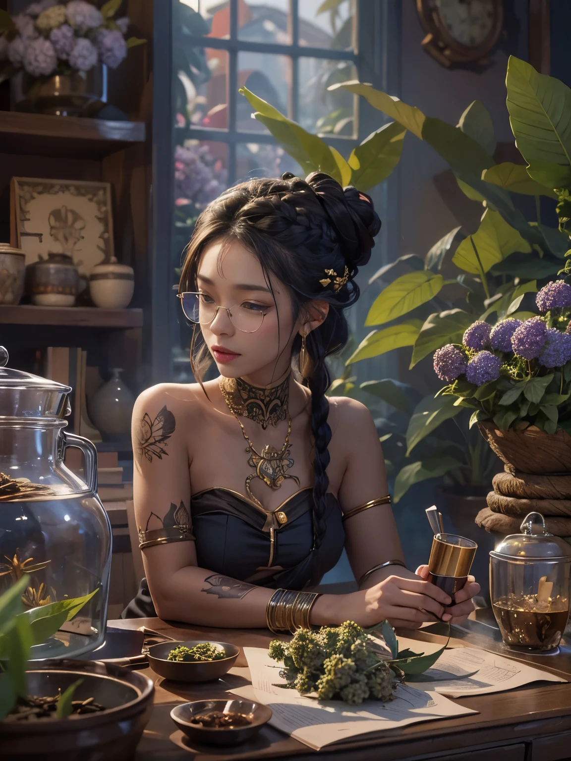((determined ((dark-skinned ((Thai)) female sorceress with freeform braided hairstyle wearing glasses)) rolling up herbal joint while waiting for tea to boil, (wearing detailed flowing sorcerer outfit), (cannabis flower tattoos on arms and legs), high quality photo, relaxing and smoking in the kitchen (with copious tall cannabis sativa plants and hydrangeas surrounding scene with foggy sunrise visible through large glass window), masterpiece, highly detailed, perfect face