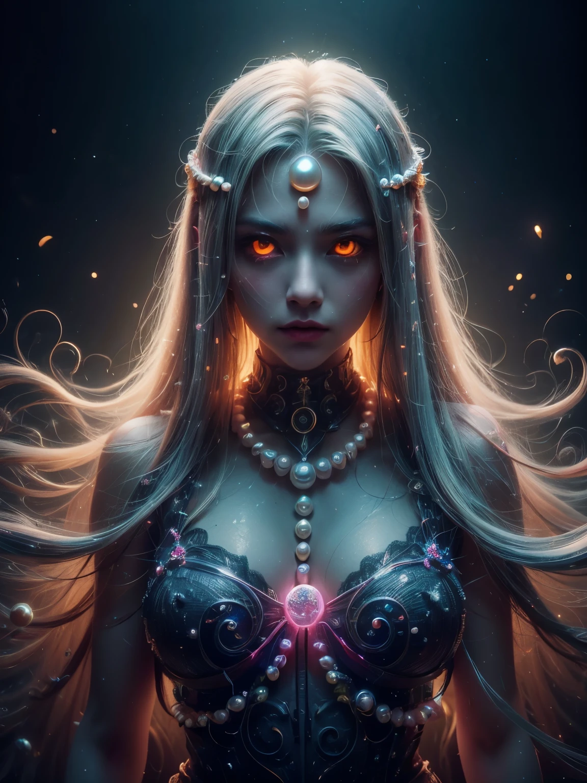 ((upper body)), best quality, masterpiece, a Japanese woman with ((Luminescence white hair)), ((detailed pearl blue eye)), high detailed goddess soul, focus on character, solo, (style swirl magic), solo, from front, front view, looking at viewer, detailed face, ((Luminescence Lighting Magic Circle theme)), perched on a ledge, tight neon body, light streaks, dark abyssal wanderer abstract, ((Simple Luminescence Neon Gown)), inscribed with mystical runes, outdoor dystopian background,