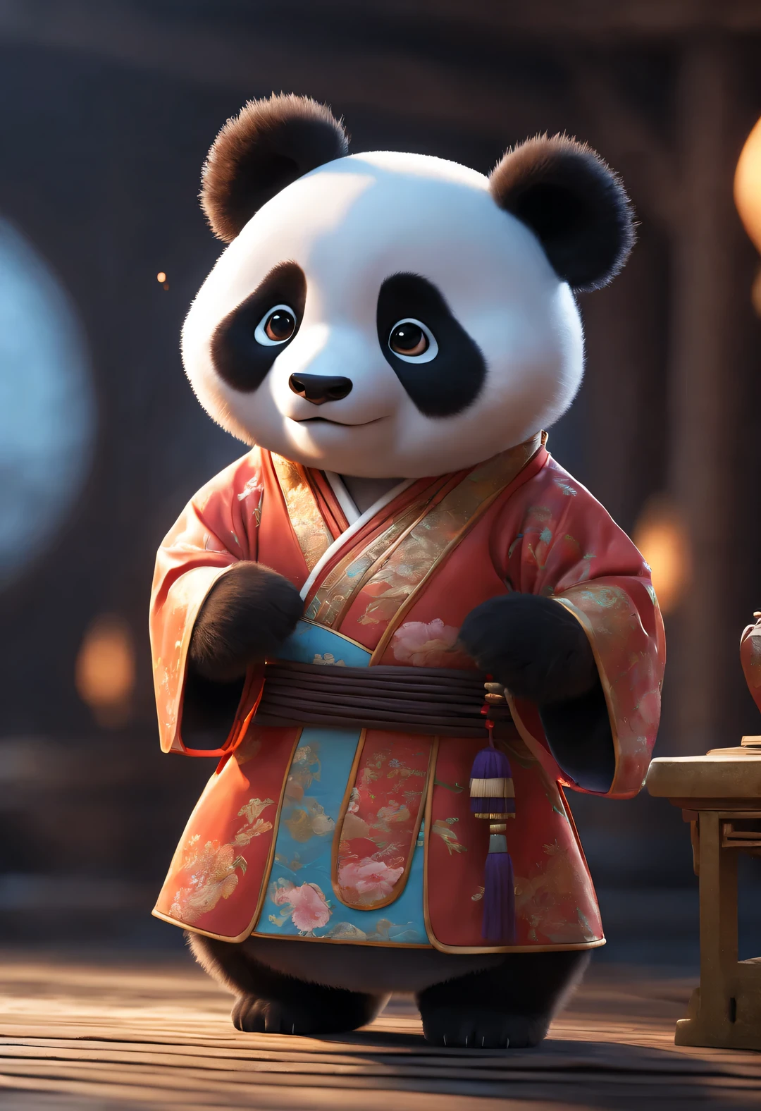 Super cute anthropomorphic red panda, hologram, Google Glass, Chinese Hanfu, Chinese Kung Fu pose, portrait, Furry silk clothes are super realistic, elegant medium shot, Unreal Engine Rendering, 3D,8k virtual reality super lifelike,ancient mythology, Popular topics on Artstation, Cinema lighting, edge lighting, octane rendering, 8k, Super detailed