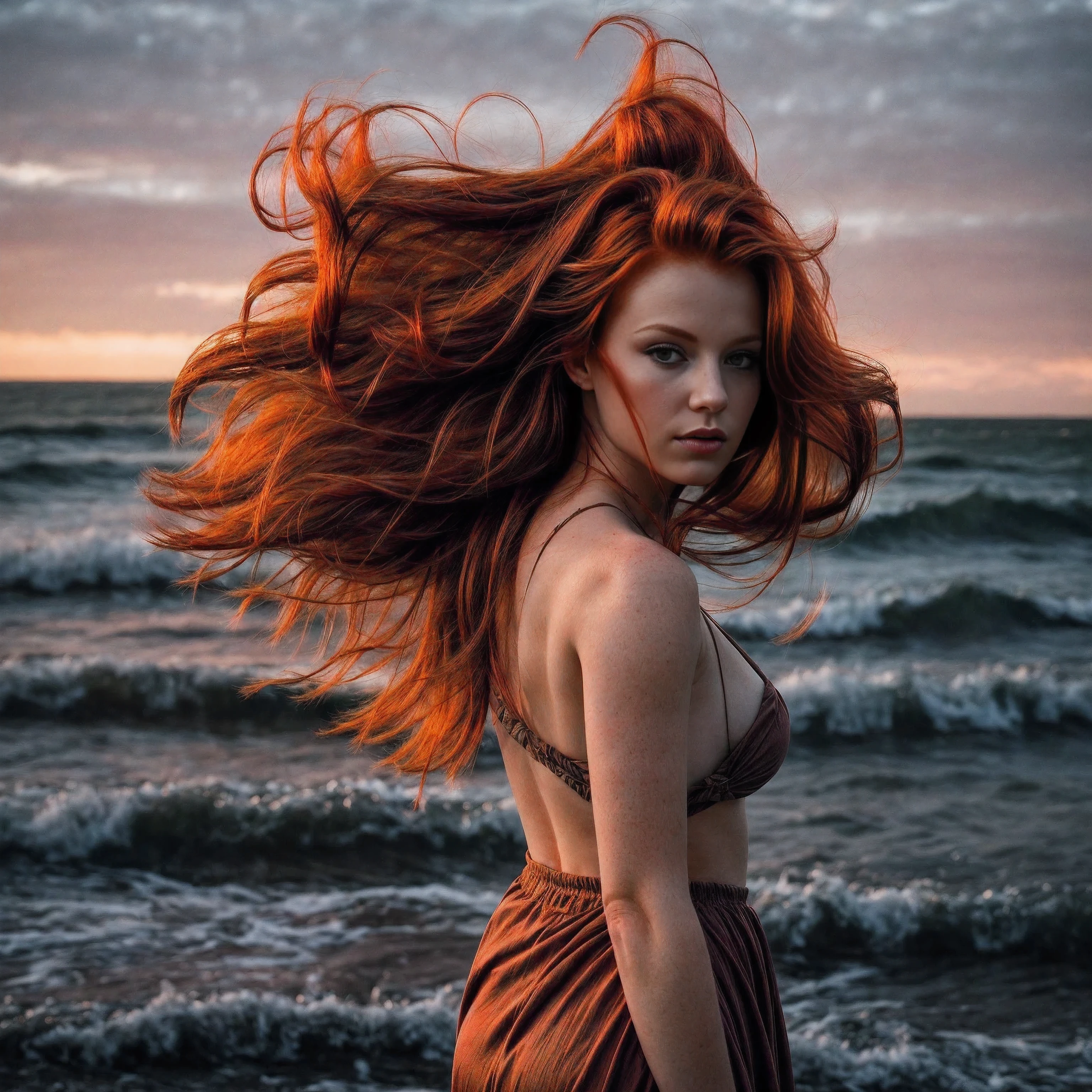 a photograph of a redhead woman with windswept tresses, her hair entangled like flames against a twilight sky, emanating untamed beauty