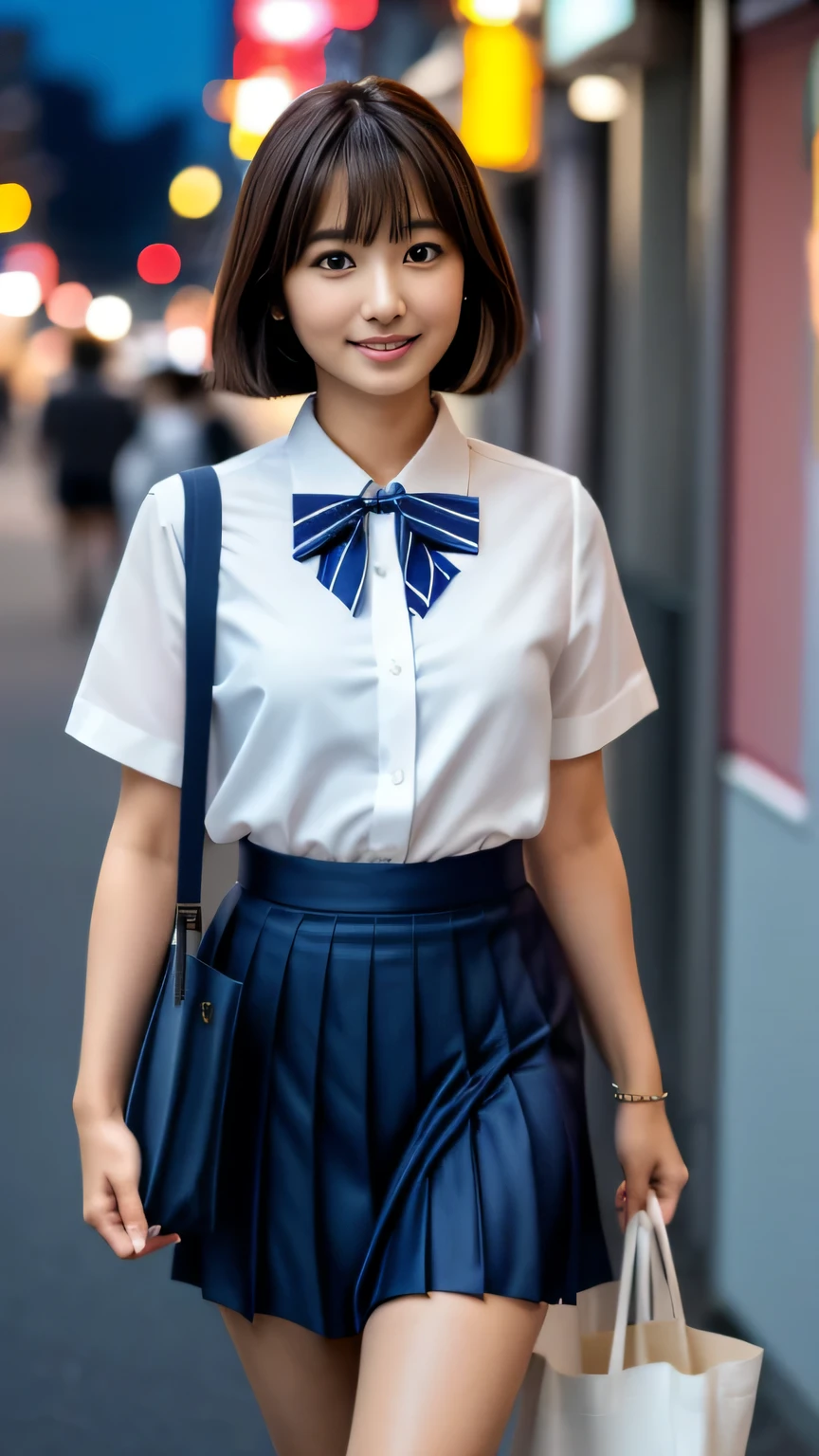 product quality, 1girl, upper body shot, front view, a Japanese young pretty woman, bob hair, walking with a big smile on a crowded street in the evening, glamorous figure, wearing a short sleeves white collared silky shirt with satin dark blue plain bow tie, wearing a dark blue pleated long skirt, carrying one tote bag over her shoulder, hyper cute face, glossy lips, double eyelids in both eyes, natural makeup, long eyelashes, shiny smooth light brown bob hair, asymmetrical bangs, a tanned skin, central image, high resolution, high detail, detailed hairstyle, detailed face, spectacular cinematic lighting, octane rendering, vibrant, hyper realistic, perfect limbs, perfect ???????, ((シャツの胸元が開いている、胸の谷間が見える))、(身体が視聴者の方向を向く:1.1)、