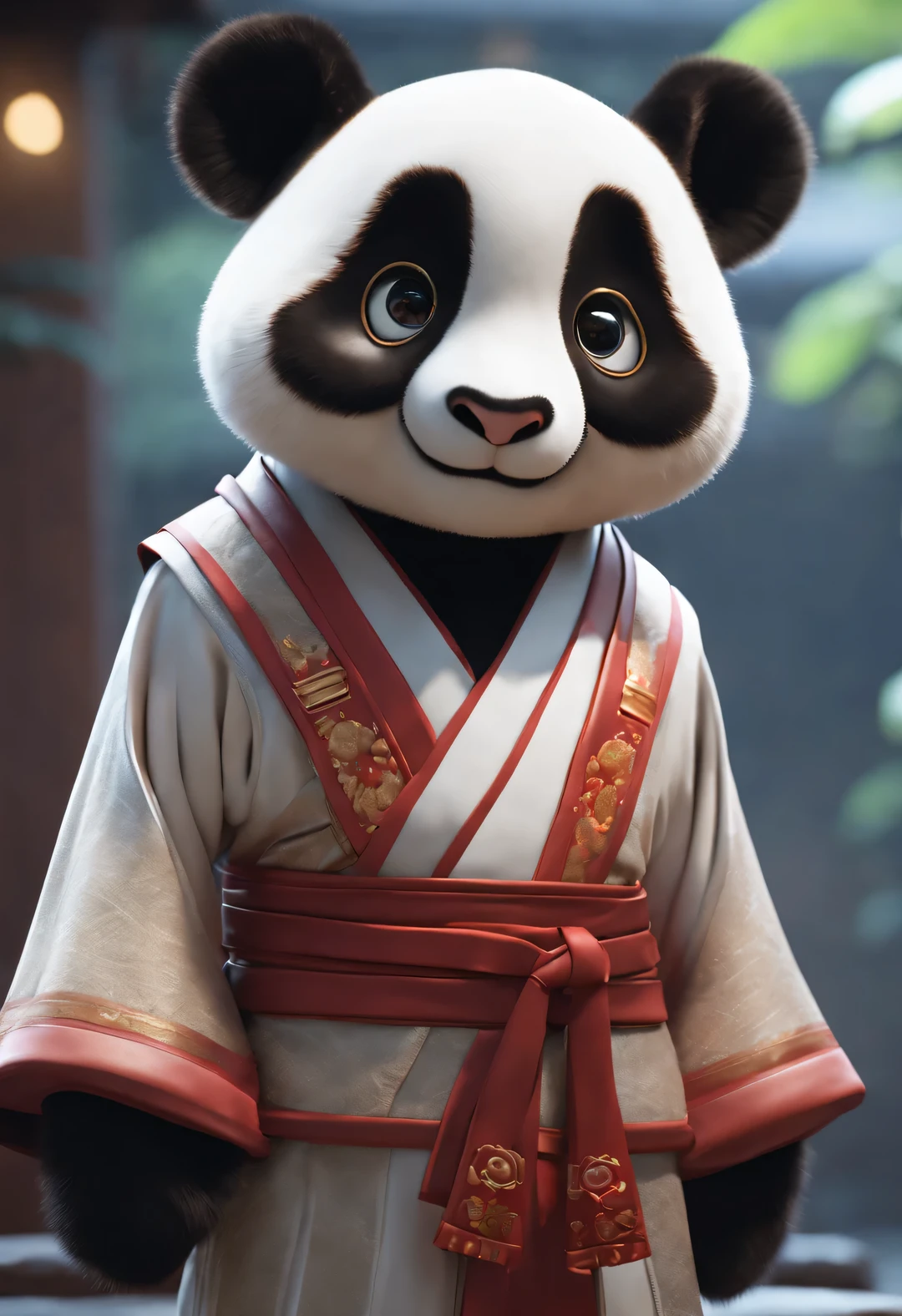 Super cute anthropomorphic red panda, hologram, Google Glass, Chinese Hanfu, Chinese Kung Fu pose, portrait, Furry silk clothes are super realistic, elegant medium shot, Unreal Engine Rendering, 3D,8k virtual reality super lifelike,ancient mythology, Popular topics on Artstation, Cinema lighting, edge lighting, octane rendering, 8k, Super detailed