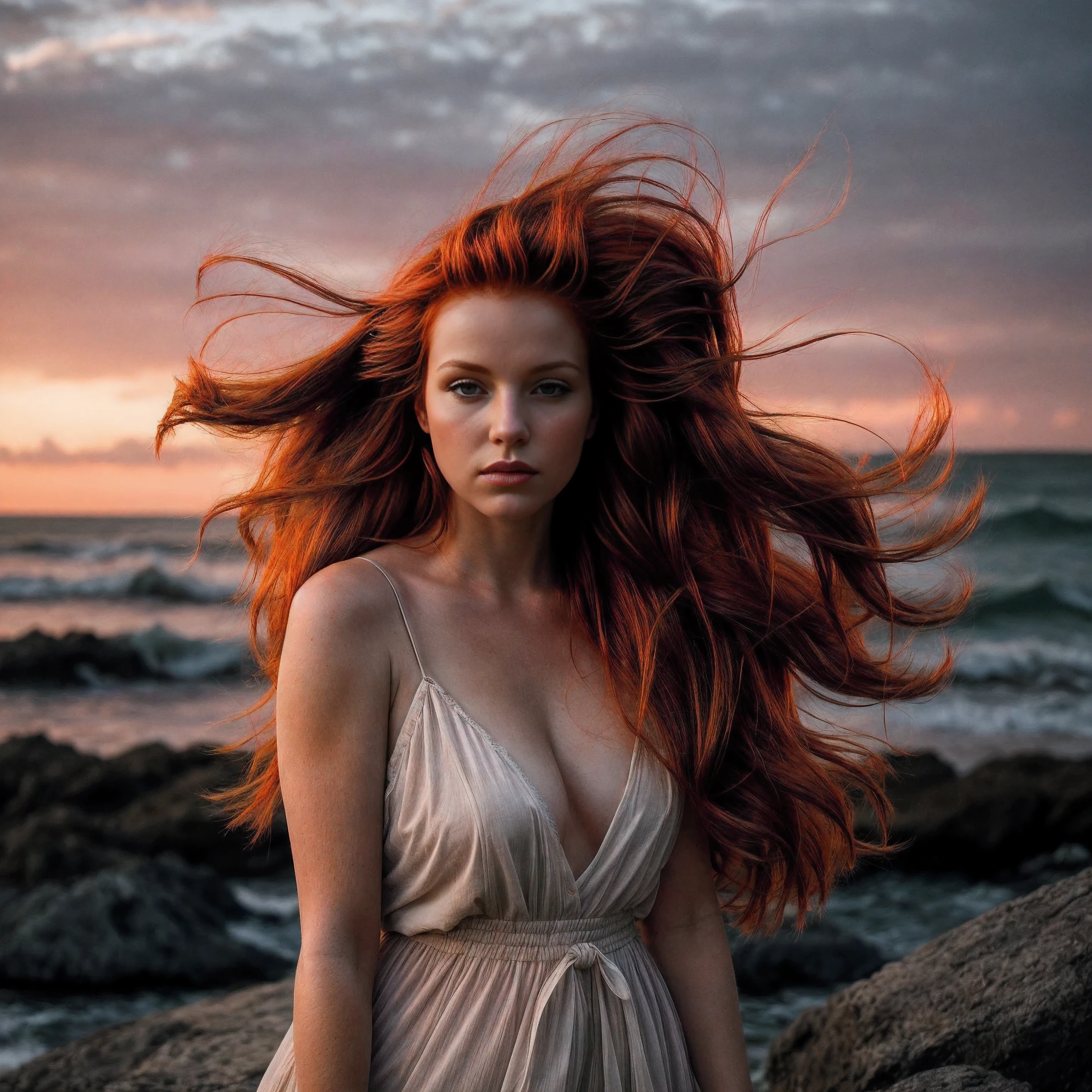 a photograph of a redhead woman with windswept tresses, her hair entangled like flames against a twilight sky, emanating untamed beauty