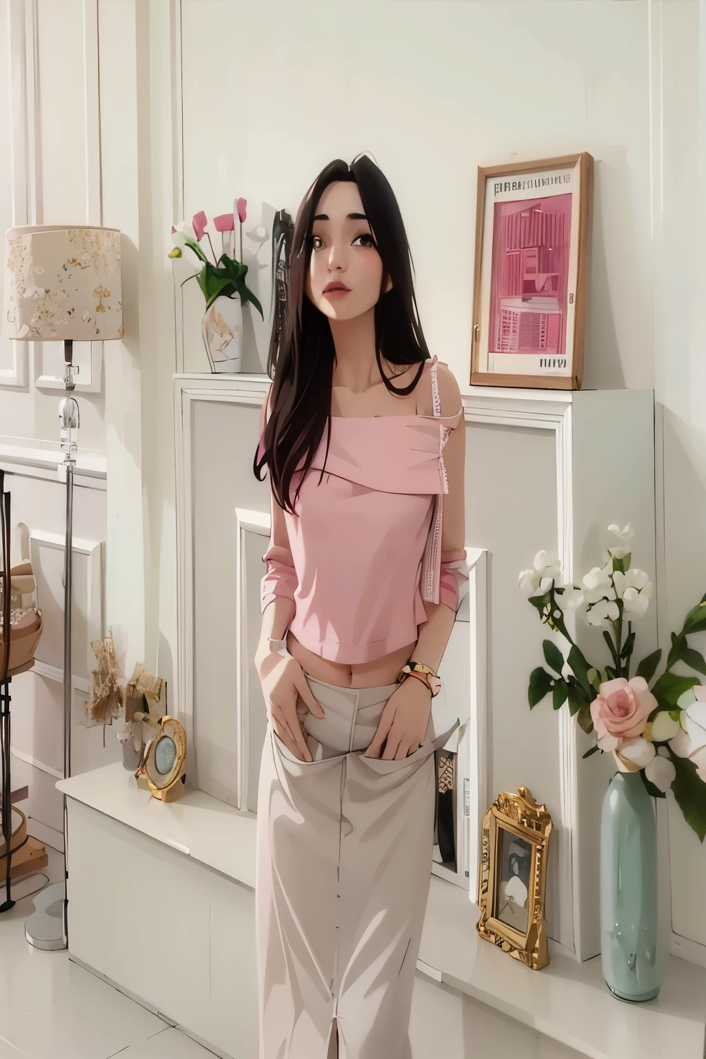 araffe woman standing in a living room with a pink top and white skirt, korean women's fashion model, gorgeous young korean woman, with ripped crop t - shirt, with soft pink colors, wearing a sexy cropped top, pink clothes, wearing a cute top, feminine in cute pastel shades, pink, inspired by Kim Jeong-hui, young and cute girl