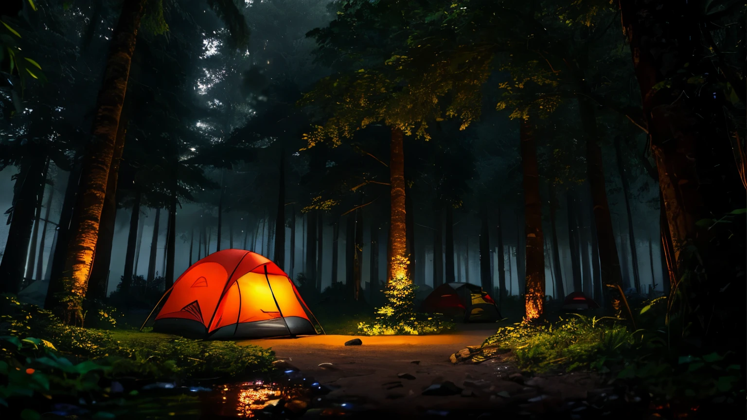 Several colorful camping tents set up among trees of an Amazon rainforest, on a rainy day, masterpiece, best quality, high quality, 8k extremely detailed CG unit wallpaper, oil painting, award-winning photography, Bokeh, Depth of Field, HDR, bloom, chromatic aberration, photorealistic, extremely detailed, trend in artstation, trend in CGsociety, intricate, high detail, Dramatic, art in the middle of the journey, volumetric lighting