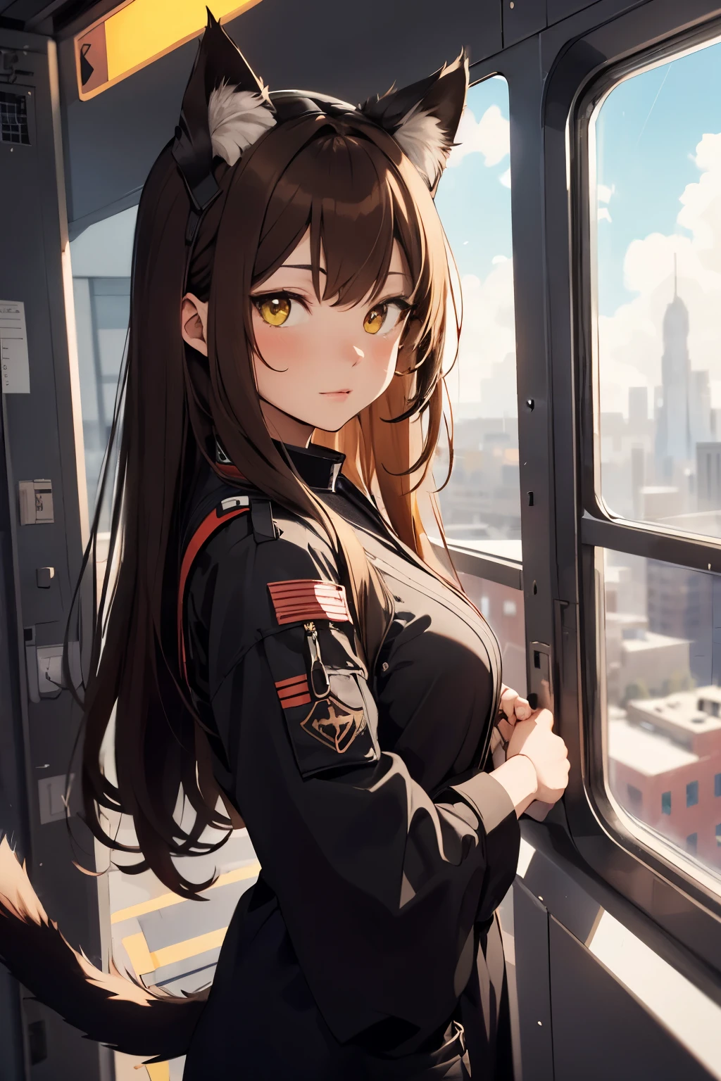neko, cat ears, cat tail, brown hair, 1girl, black dress, sakura view, colony view, city view, anatomically correct, masterpiece, space station 13, security lieutenante, catgirl, space, space station helm, long hair
