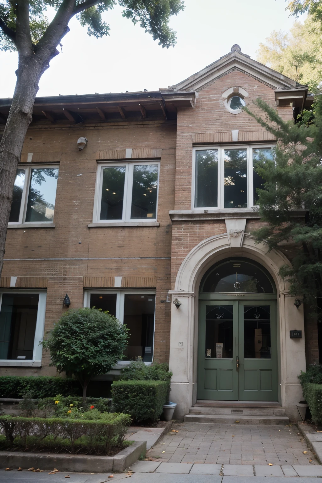 Best quality, masterpiece, super high resolution, facade of an old brick green 4-story building with two entrances at the edges, 8 windows wide, surrounded on the sides by tall green trees