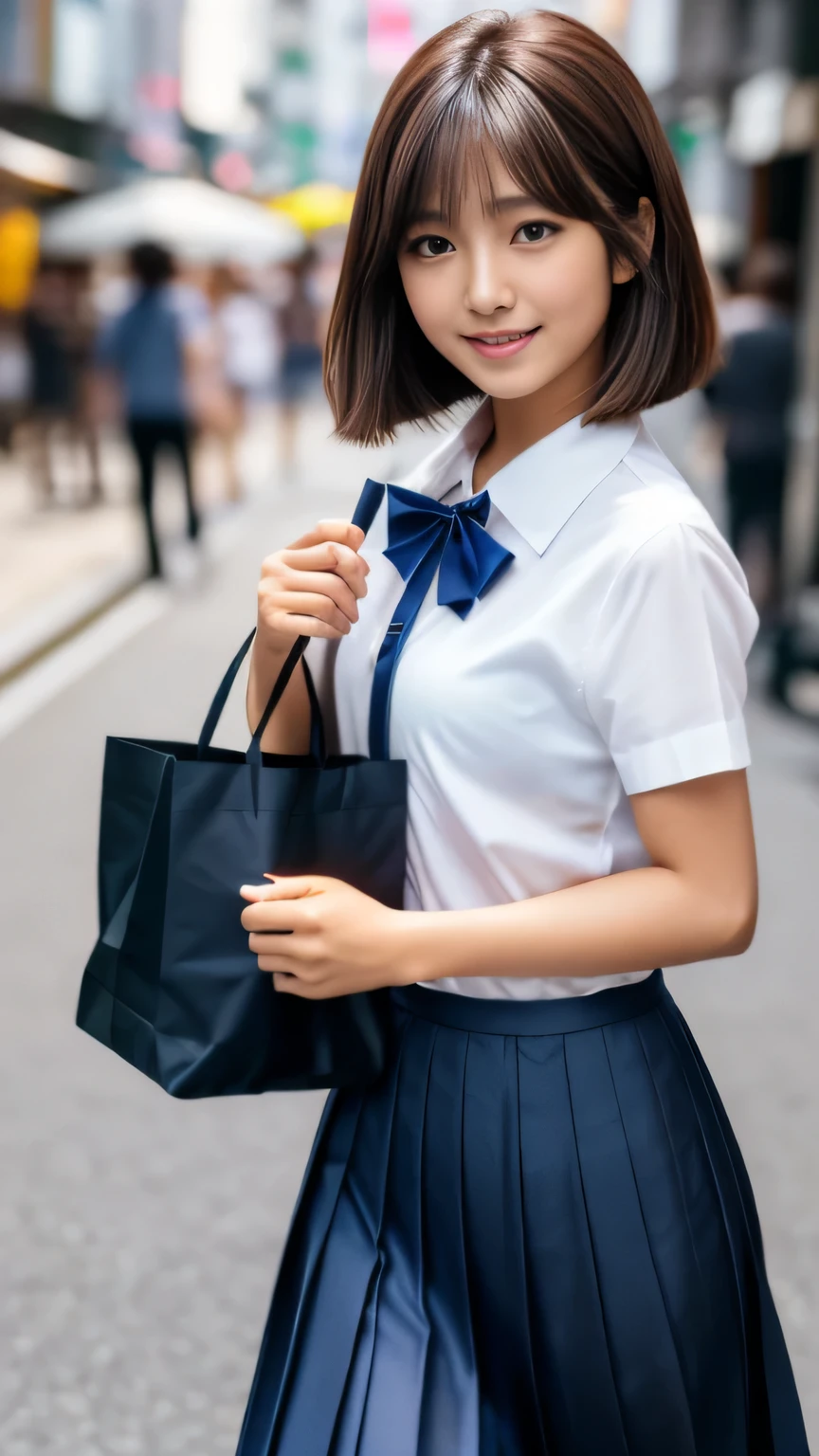 product quality, 1girl, upper body shot, front view, a Japanese young pretty woman, bob hair, walking with a big smile on a crowded street in the evening, glamorous figure, wearing a short sleeves white collared silky shirt with satin dark blue plain bow tie, wearing a dark blue pleated long skirt, carrying one tote bag over her shoulder, hyper cute face, glossy lips, double eyelids in both eyes, natural makeup, long eyelashes, shiny smooth light brown bob hair, asymmetrical bangs, a tanned skin, central image, high resolution, high detail, detailed hairstyle, detailed face, spectacular cinematic lighting, octane rendering, vibrant, hyper realistic, perfect limbs, perfect anatomy, ((シャツの胸元が開いている:1.4、胸の谷間が見える:1.4))、(身体が視聴者の方向を向く:1.1)、
