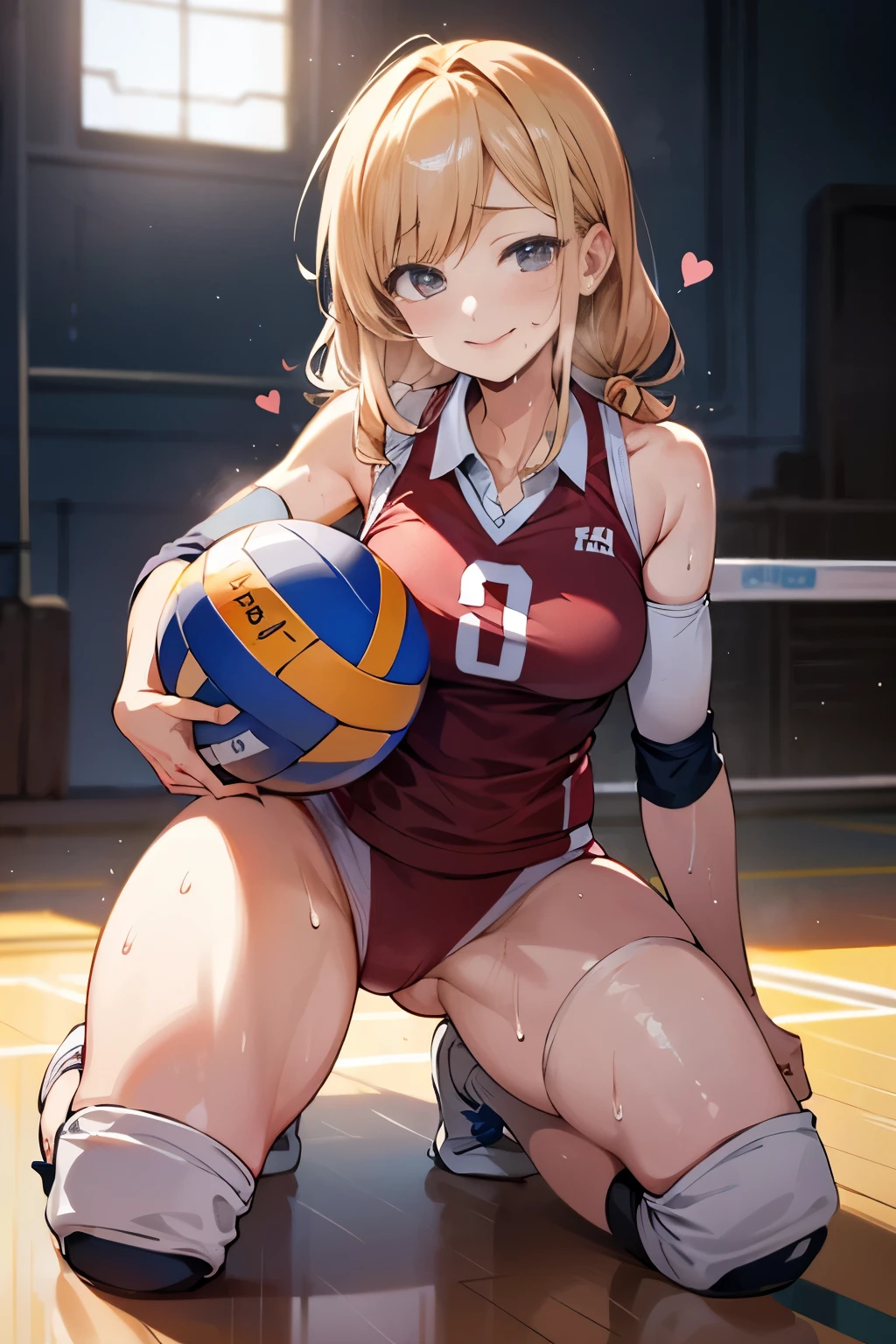 unity 8k wallpaper, anatomically correct, (((masterpiece))), (((best quality))), (((ultra detailed))), (((high-resolution))), ((Ultimate cutie)), perfect hands, perfect finger, (((good anatomy))), detailed beautiful face, shiny hair, (((gyaru))), (potbelly), (curvy), medium breasts, ((Thick thighs)), (((solo))), ((seductive smile)), (((blush))),
BREAK, (((sit astride the perfectly spherical shape 6-inch volleyball))), (((Straddling a perfectly spherical 6" volleyball))), (((Perfectly spherical 6" volleyball fits perfectly crotch))), BREAK, (((Rub the Perfectly spherical 6" volleyball against crotch))),
BREAK, (Collared volleyball uniforms), sleeveless, ((buruma)), ((kneepad)), pussy juice stained, (elbow pad), (((sweat))), (((covered in sweat))), ((deep breathing)), in Volleyball Court, indoor, lighting, looking at viewer, full body, (spoken heart)