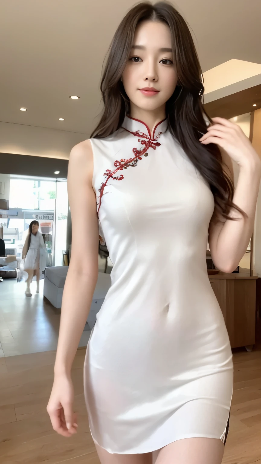 ((top-quality、8k、masterpiece:1.3))、Beautiful woman with perfect body:1.4、slim abdomen:1.2、Longhair, normal breast, Highly detailed facial and skin texture, A detailed eye, delicate eyes, double eyelid, (smile), (full body shot), ((shopping mall)), (standing), (((wearing white cheongsam))), looking in front