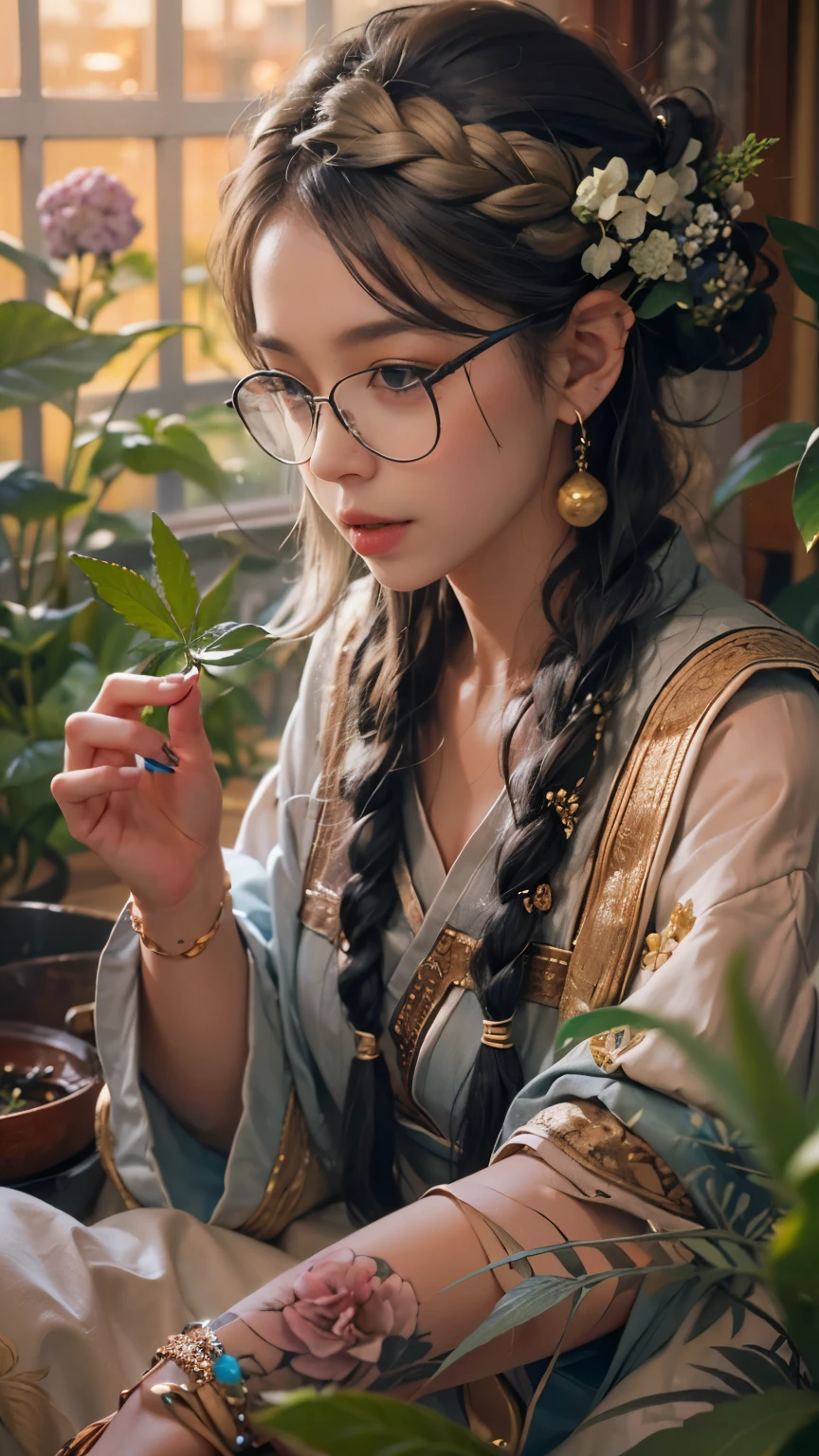 ((determined ((plump ((Thai)) female sorceress with braided hairstyle wearing glasses)) rolling up herbal joint while waiting for tea to boil, (wearing detailed flowing sorcerer robe outfit), (cannabis flower tattoos on arms and legs), high quality photo, relaxing and smoking in the kitchen (with copious tall cannabis sativa plants and hydrangeas surrounding scene with foggy sunrise visible through large glass window), masterpiece, highly detailed, perfect face