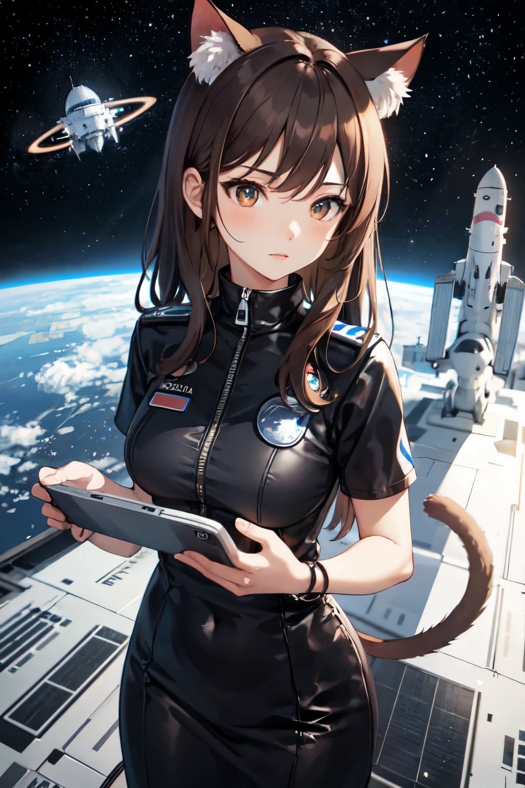 neko, cat ears, cat tail, brown hair, 1girl, black dress, sakura view, colony view, city view, anatomically correct, masterpiece, space station 13, pilot lieutenante, catgirl, space, space ship, space ship bridge, long hair, adult character