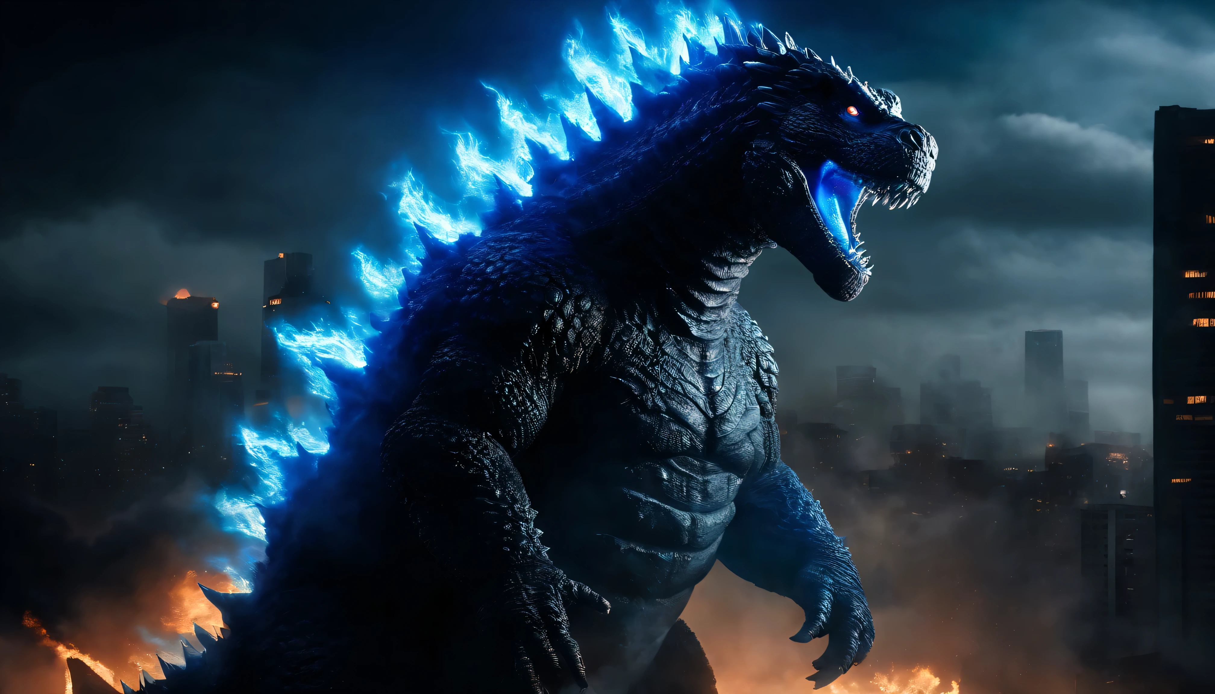 Godzilla in the year 2350 breathing neon blue flames from his mouth  into the  city   destroying  the city, flames in city with broken buildings, 