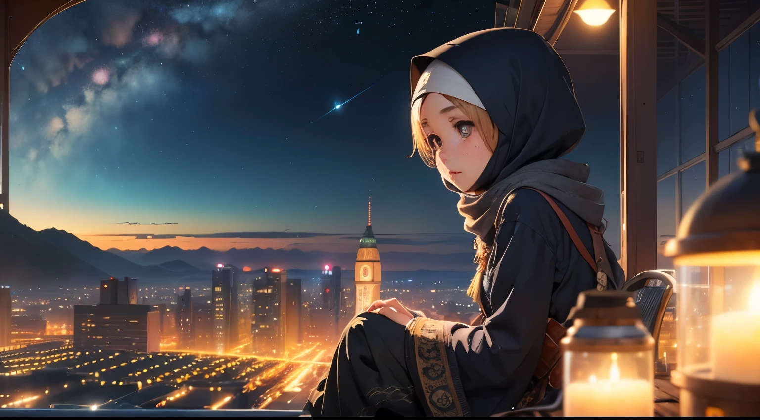 best quality, masterpiece, extremely detailed, detailed background, anime, 1hijabgirl, young hijab girl, short girl, sci-fi, science fiction, outdoors, night, starry sky, greenhouse, megastructure, bio-dome, landscape, scenery, horizon, rooftop, sitting on rooftop, wind, looking away, atmospheric lighting, solo focus, close up, from side, depth of field, bokeh