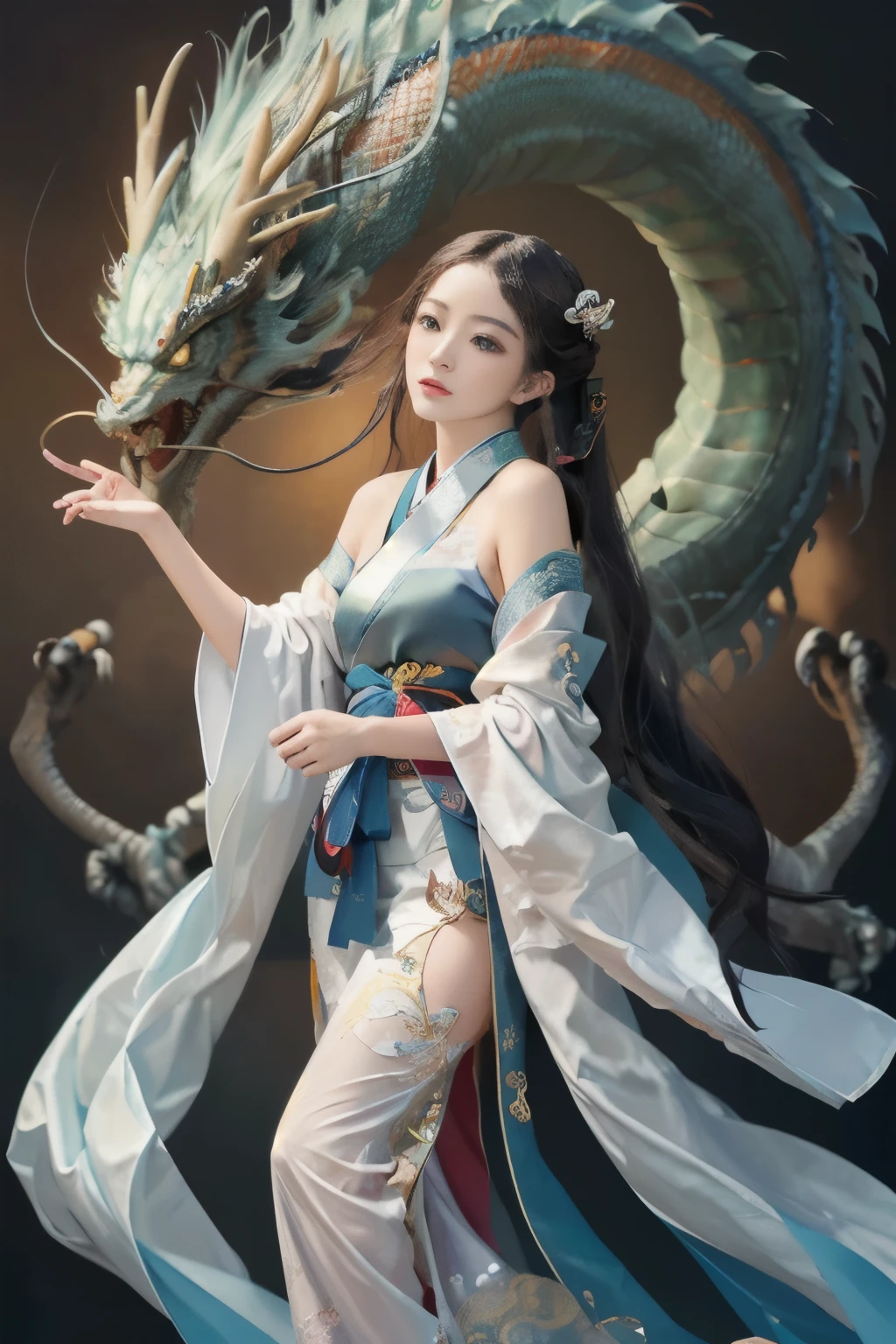 Best quality, masterpiece, illustration, very detailed, 1 girl, 1 white Chinese dragon as background, beautiful and detailed girl, very detailed eyes and face, light on face, movie lighting, looking at the audience, rainbow candy, smile, full body, full_body shot, (from the front: 1.2), (((majestic))), floating, blue sky, stone, blue sky, Chinese dragon, glowing blue, clouds, traditional Chinese elements, Chinese red, traditional Chinese hair accessories, elegant hair, floating ribbon, martial cloak, shu style, (martial arts: 1.2), hanfu