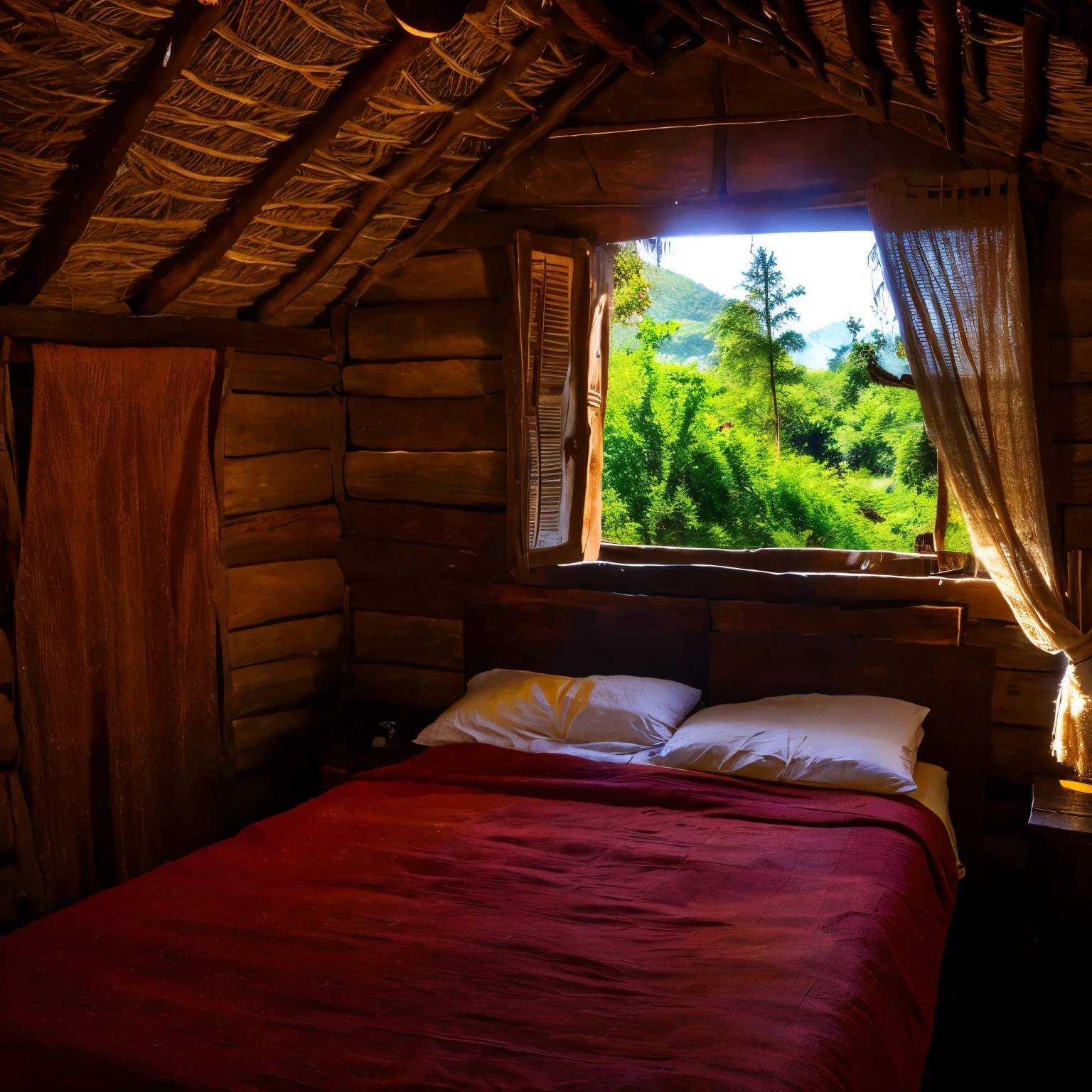 "Generate a vivid image of a wide-angle, human perspective view capturing a rusty bed situated inside a leaf-made hut in an Indian village nestled within a dense forest. Convey the rustic ambiance and cultural essence of this unique setting."