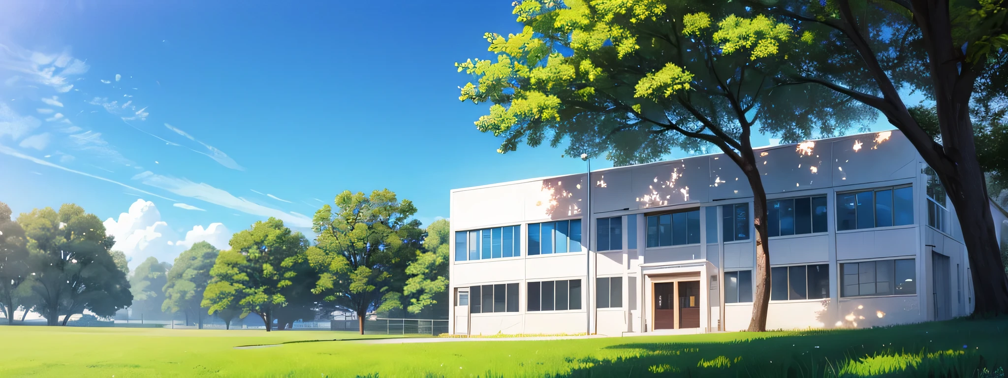 White school building, trees, blue sky,