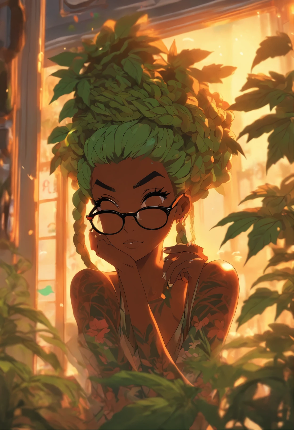((determined ((dark-skinned ((Haitian)) female exorcist with freeform braided hairstyle wearing glasses)) rolling up herbal joint while waiting for tea to boil, (wearing detailed flowing outfit), ( flower tattoos on arms and legs), high quality photo, relaxing and smoking in the kitchen (with copious tall  sativa plants and hydrangeas surrounding scene with foggy sunrise visible through large glass window), masterpiece, highly detailed, perfect face