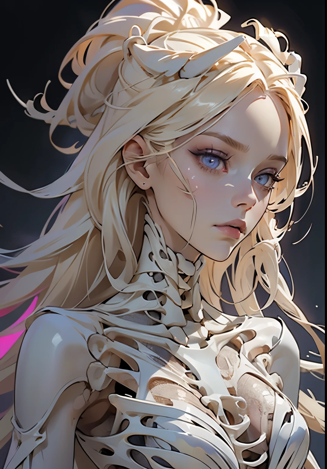 1woman, blond woman long hair, purple light eyes, half on her body is made of bones, Gloomy expression，She has a beautiful face, half of the face is scale and bones, black leather clothes, lot of bones on her face, white scales on her face, detailled, high quality