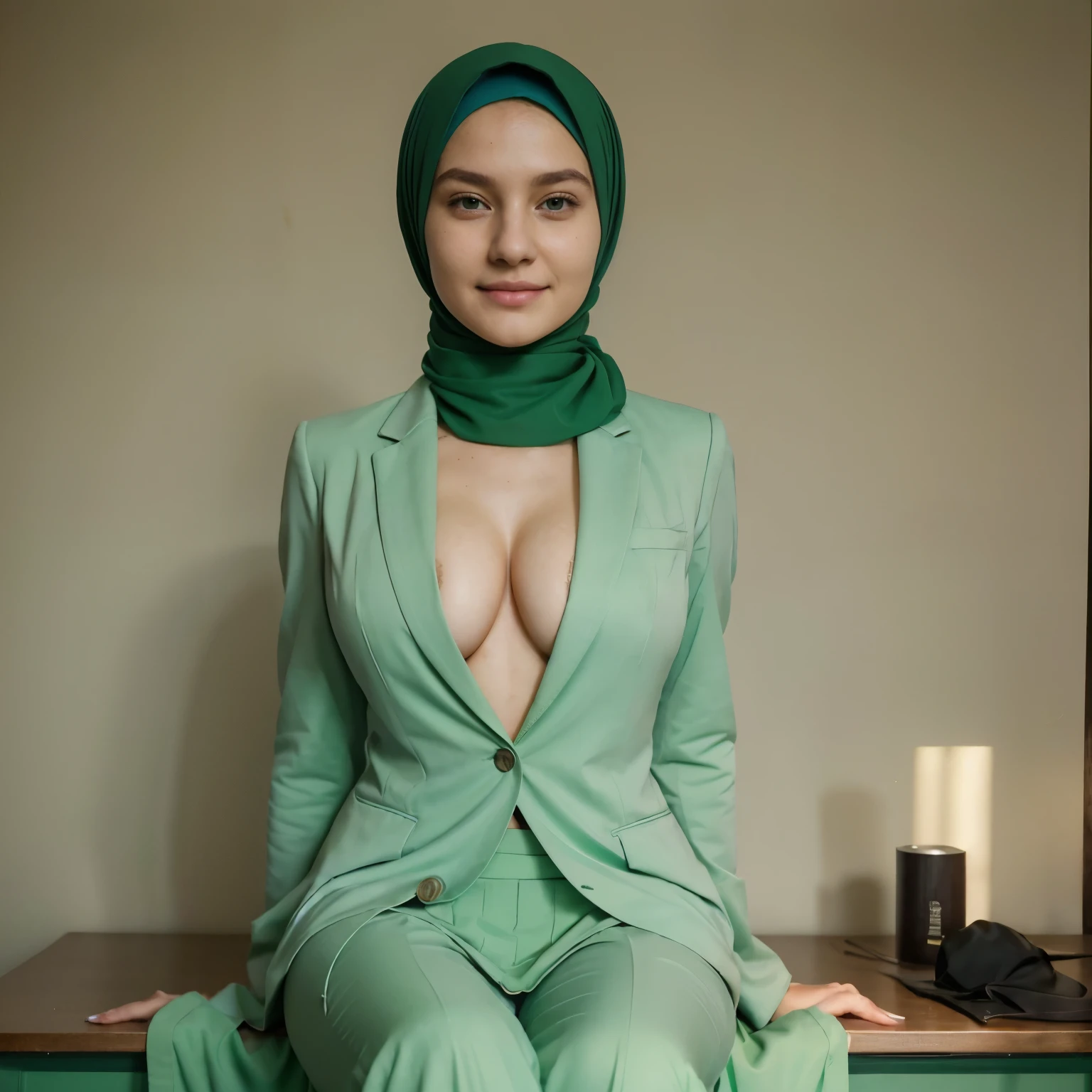photography of a 20yo woman, perfect face, masterpiece, teaching at class, (wear a light green suit without shirt but she still athached her suit buttons and not open her suit), (light green long hijab), sitting on the teacher table, her angle to the viewer, (closed suit), long skirt, athached suit buttons, smiling, ((cleavage of tits))